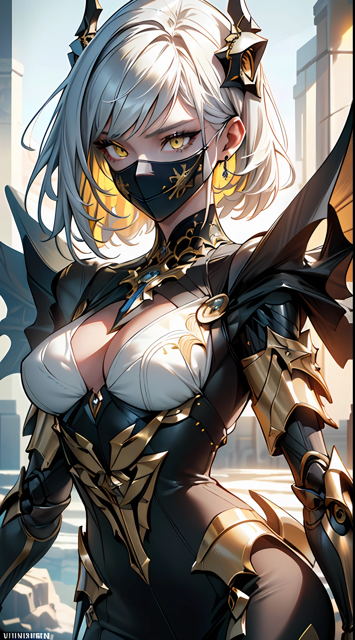 (Masterpiece:1.2,hiquality), 1girl, ((ultra realistic details)), Global Illumination, eye shadow, dinamic lighting, Unreal engine, Octane Render, 8K, ultra sharp, Metal, Intricate, ornaments detailed, highly intricate details, Yellow eyes, (Mechanical body:1.2), white colored hair, (black mask), transmission, apocalypse,