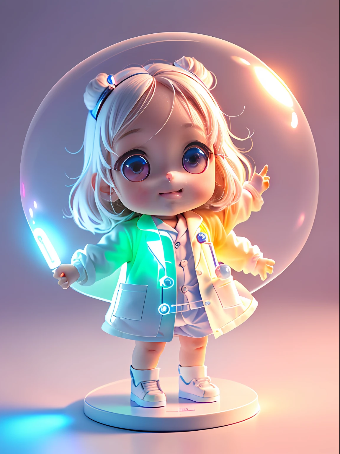 Super cute girl full body 3d drawing, 1 pc, good looking eyes, big eyes, cute, happy, c4d, pop matt blind box, glowing bubble, toy, solid color background, chibi, fluorescent translucency, luminescence, kawaii, doll, ((((scientist, white lab coat))), reference table, pop mart blind box, pixar, complex details, 3d rendering, blender, oc renderer, fol body reference sheet, dribble , High Details, 8K, Studio Lighting, Loli, Petite, Child, Chibi, SD characters: 1.1, Magic Lab background