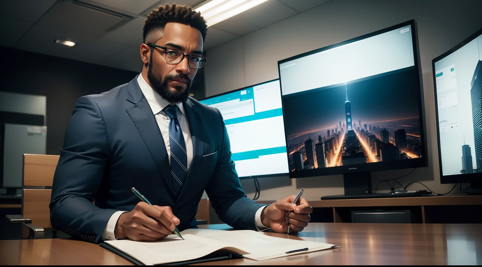 journalist ,handsome, green eyes, sexy, handsome man, with trimmed beard, african american, 52 years old, with glasses, blue suit, striped tie, white shirt, anchor,
on the bench, tv studio, using a notebook, Telejornal da Globo bench, 4k image, perfect, self-confident, night photography, blurred background plate room with monitors, larger panel, exclusive city landscape