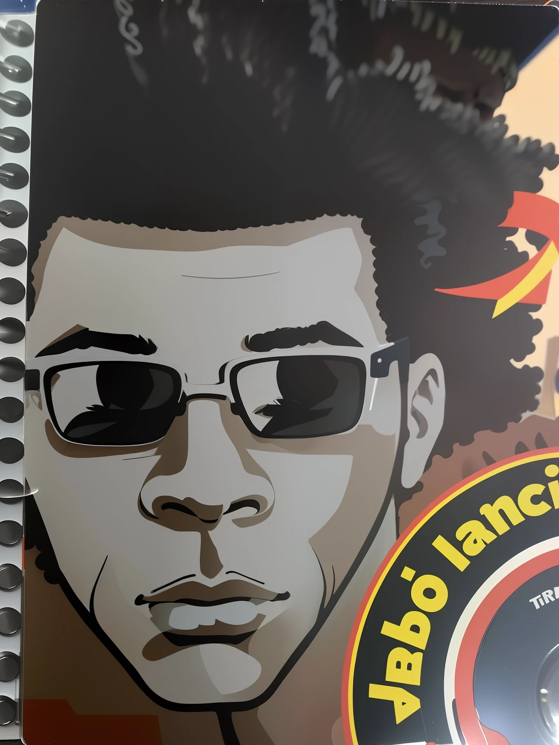 There is a picture of a man with glasses and a sandwich, close up local, tiradas no final dos anos 2000, taken in the late 2010s, homem negro com cabelo afro, spear, great likeness, very sharp likeness, detailed photo of an album cover, the front of a trading card, cara bonita
