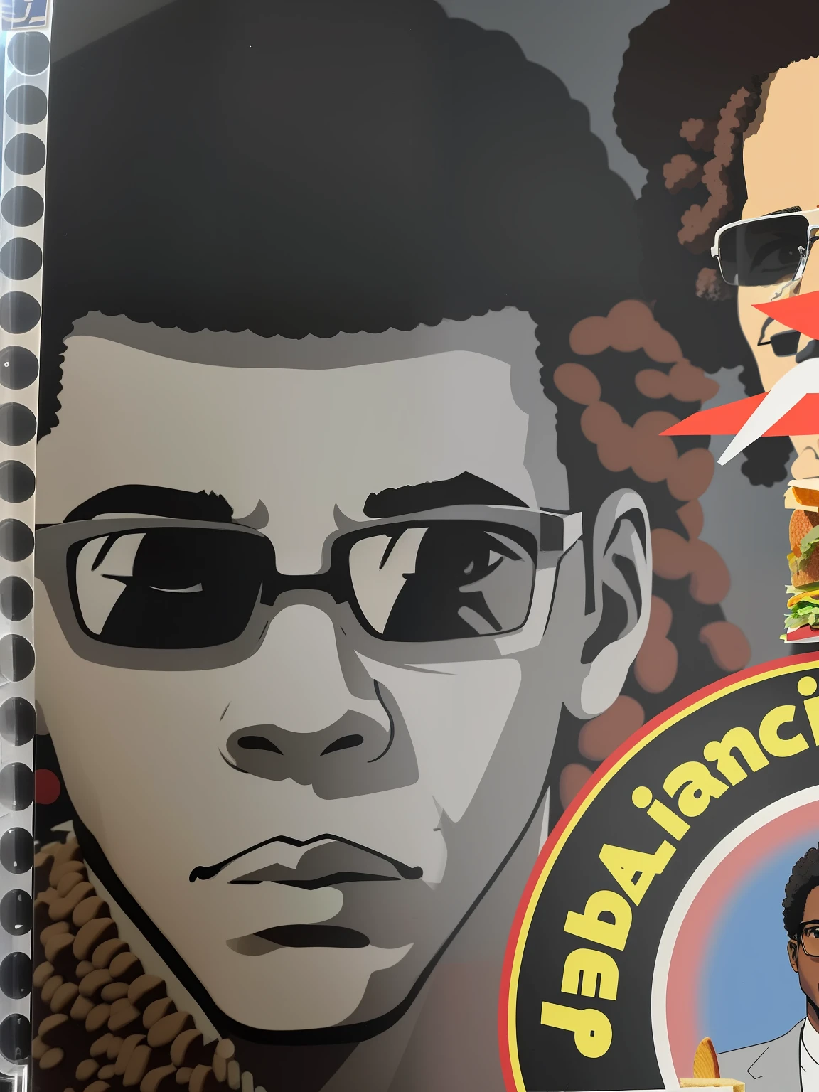 There is a picture of a man with glasses and a sandwich, close up local, tiradas no final dos anos 2000, taken in the late 2010s, homem negro com cabelo afro, spear, great likeness, very sharp likeness, detailed photo of an album cover, the front of a trading card, cara bonita