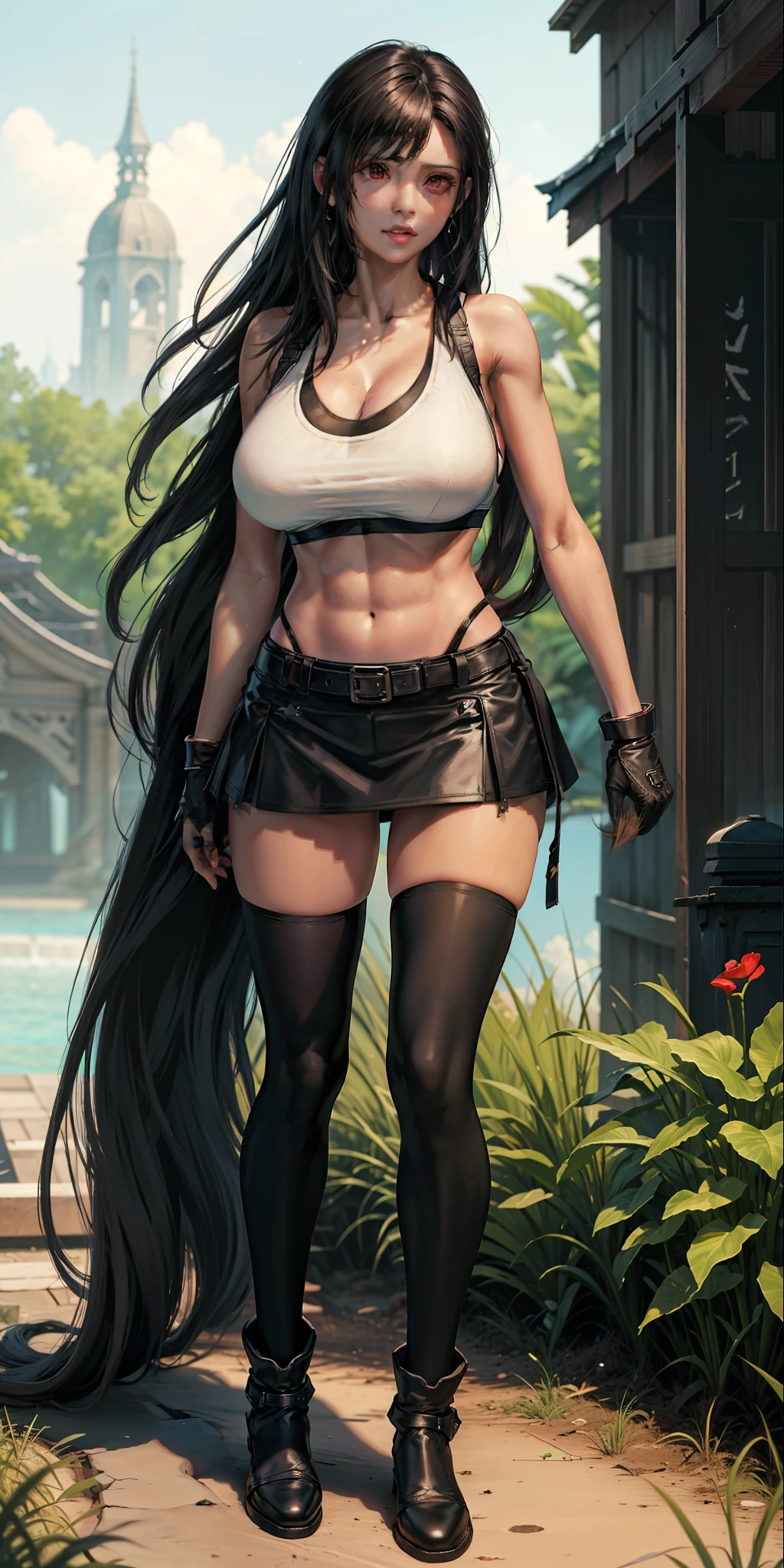 masterpiece, best quality,3d rending work ,3DMM style,close-up, 3D,1girl, solo, very long black hair, low tied hair, teardropshaped earrings, realistic, (full body:1.5), nature jungle background, bangs, long straight black hair, parted lips, choker, makeup, (white sports bra:1.5), (red eyes), tifa lockhart, (huge breasts:1.5) enormous droopy breasts, macromastia, cleavage, exposed stomach, toned abs, toned arms, (black miniskirt:1.4) thigh high stockings, red boots, slim, thin figure, long legs