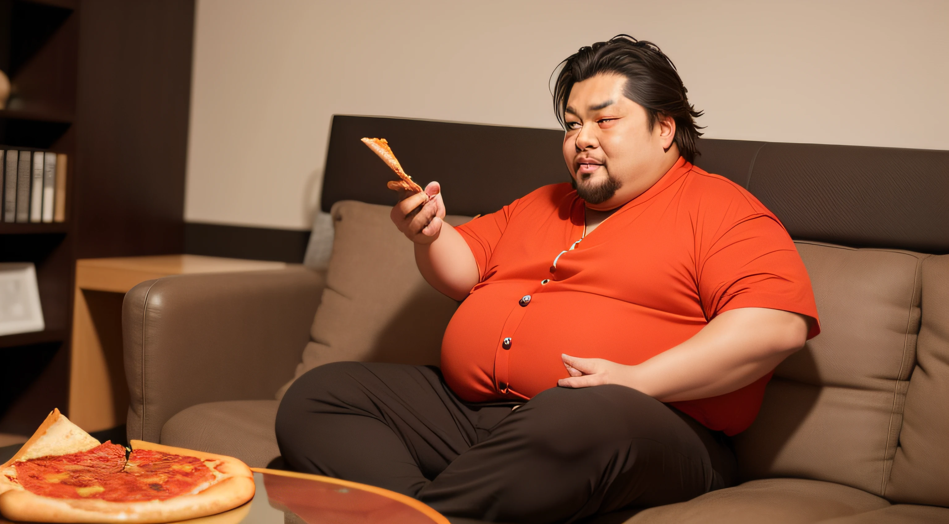 Fat Miyamoto Musashi, sitting on the couch, watching TV and eating pizza