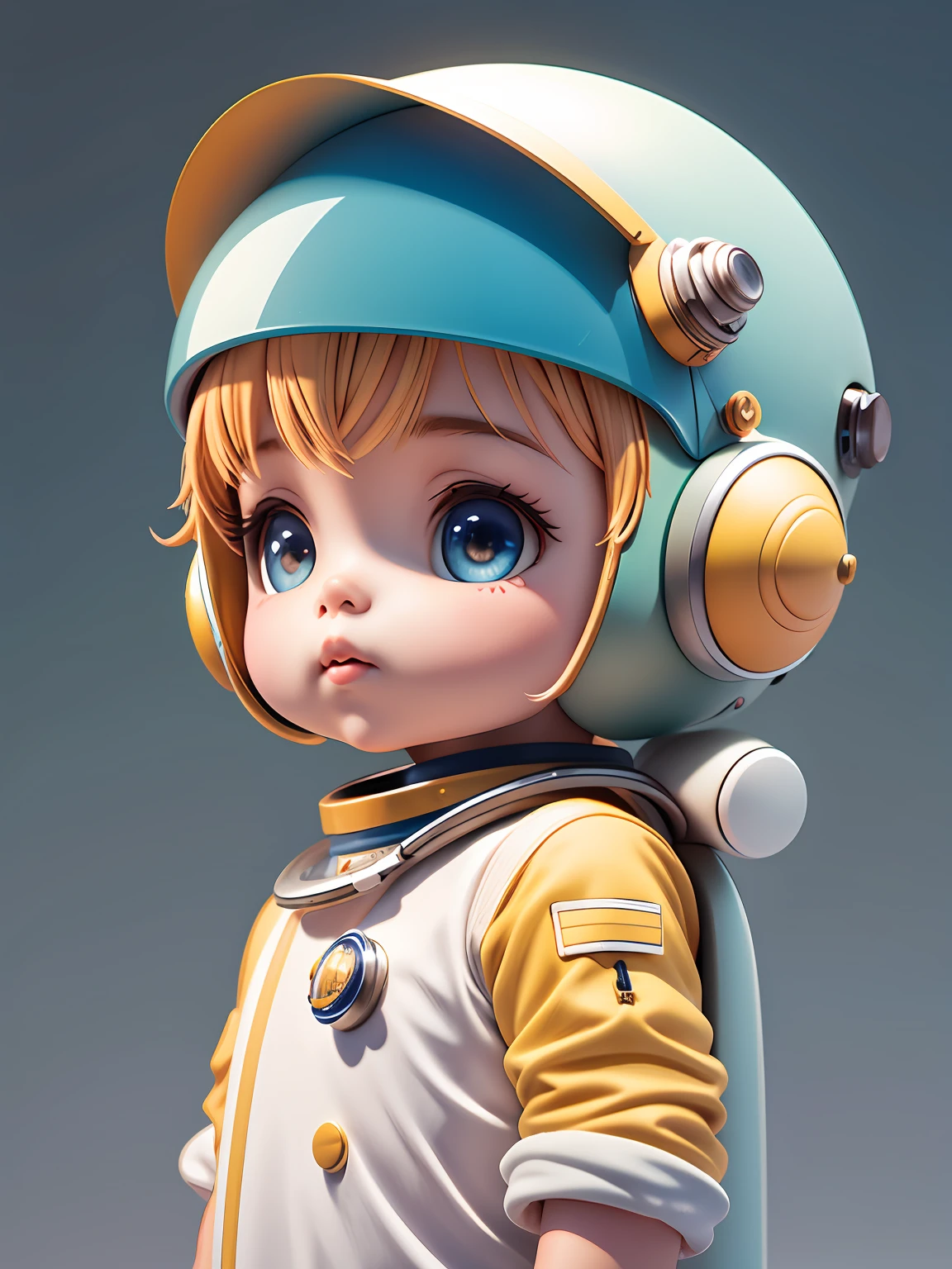 There is a small doll with helmet and helmet, Beautiful 3D rendering, small astronaut looking up, portrait anime space cadet boy, cute 3d anime boy rendering, cute detailed digital art, mini cute boy male explorer, stylized 3d rendering, 3d rendered 8k character art, cute digital painting, 3d anime style, super detailed rendering, planets background