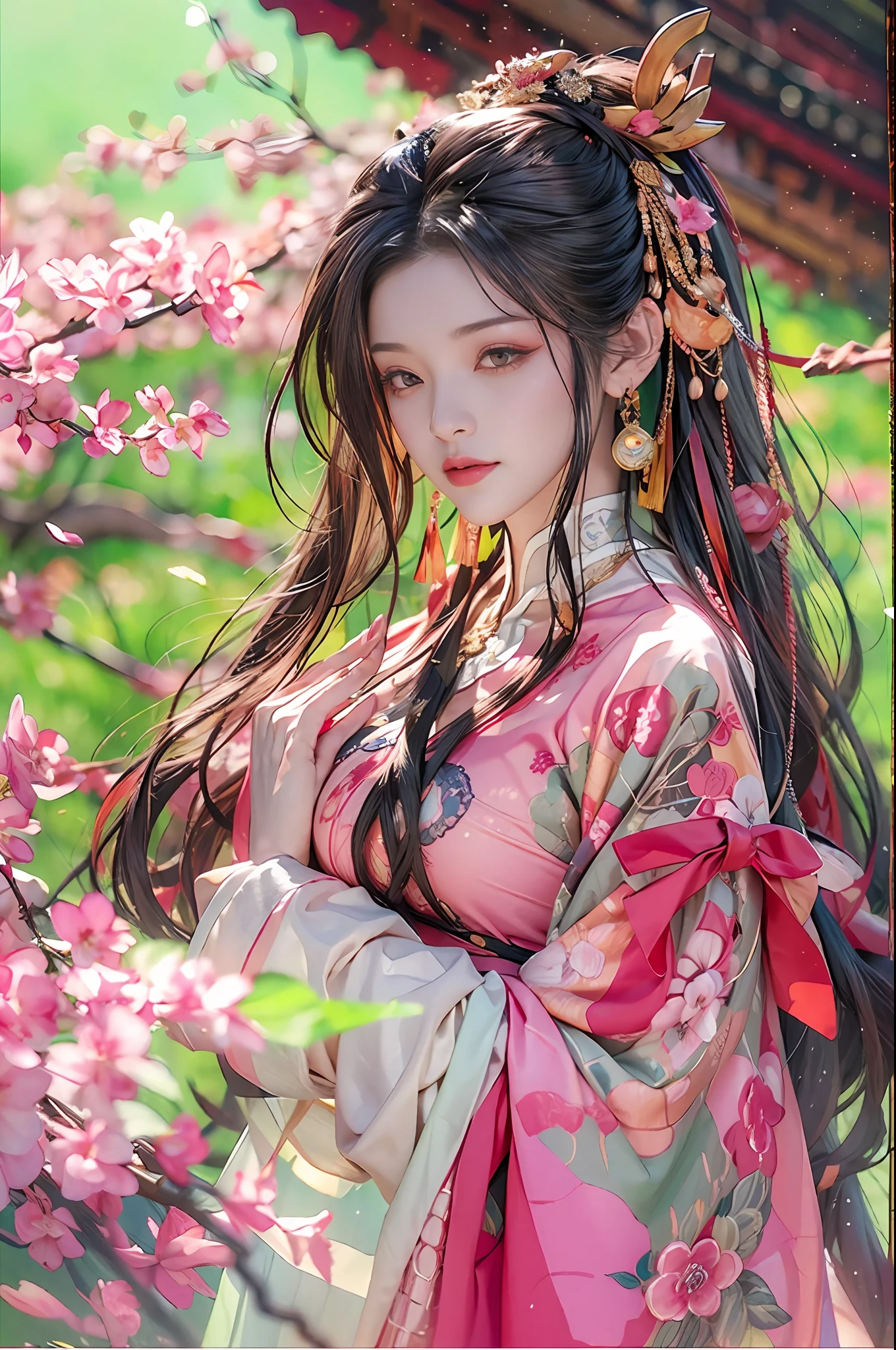 Gilded Chinese Palace,Look at viewers,depth of fields,bokeh dof,light falling,((A MILF))、Pregnant Woman、、Big belly、pink  dress、Cherry blossoms are blooming、a lot of cherry blossom、
see-through underware、one girls、Red Shirt、a black skirt、huge-breasted、
Brown-eyed、(The long-haired、A dark-haired、Very straight hair:1.4、hime-cut:1.4)、Earring Necklace、pouty、
a picture、​masterpiece、top-quality、nffsw、hight resolution、realistic detail、glistning skin、mature figure、Plump body、voluptuous breasts、perfect bodies、Wide waist、colourfull、looking at the viewers、hyper realisitic、from the front side、watercolor paiting、Traditional Media、(chromatic abberation、intricate detailes)、dynamicposes、dynamic ungle、
40k、nffsw、Hi-Res、Angle from below、ancient Chinese costume、Ancient Chinese style hairstyle、up hairstyle、Wearing white silk cloth all over the body、