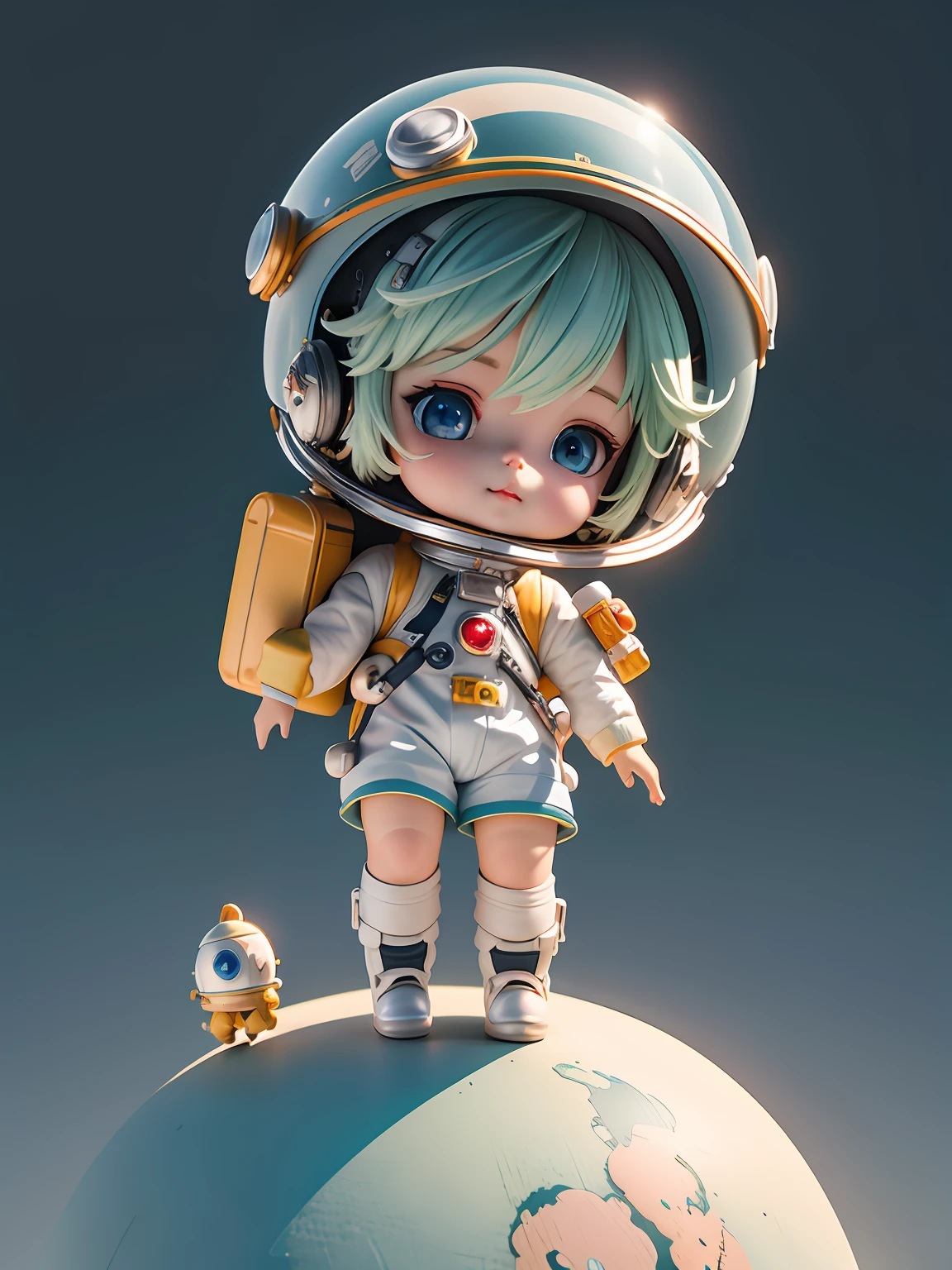 There is a small doll with helmet and helmet, Beautiful 3D rendering, small astronaut looking up, portrait anime space cadet boy, cute 3d anime boy rendering, cute detailed digital art, mini cute boy male explorer, stylized 3d rendering, 3d rendered 8k character art, cute digital painting, 3d anime style, super detailed rendering, planets background