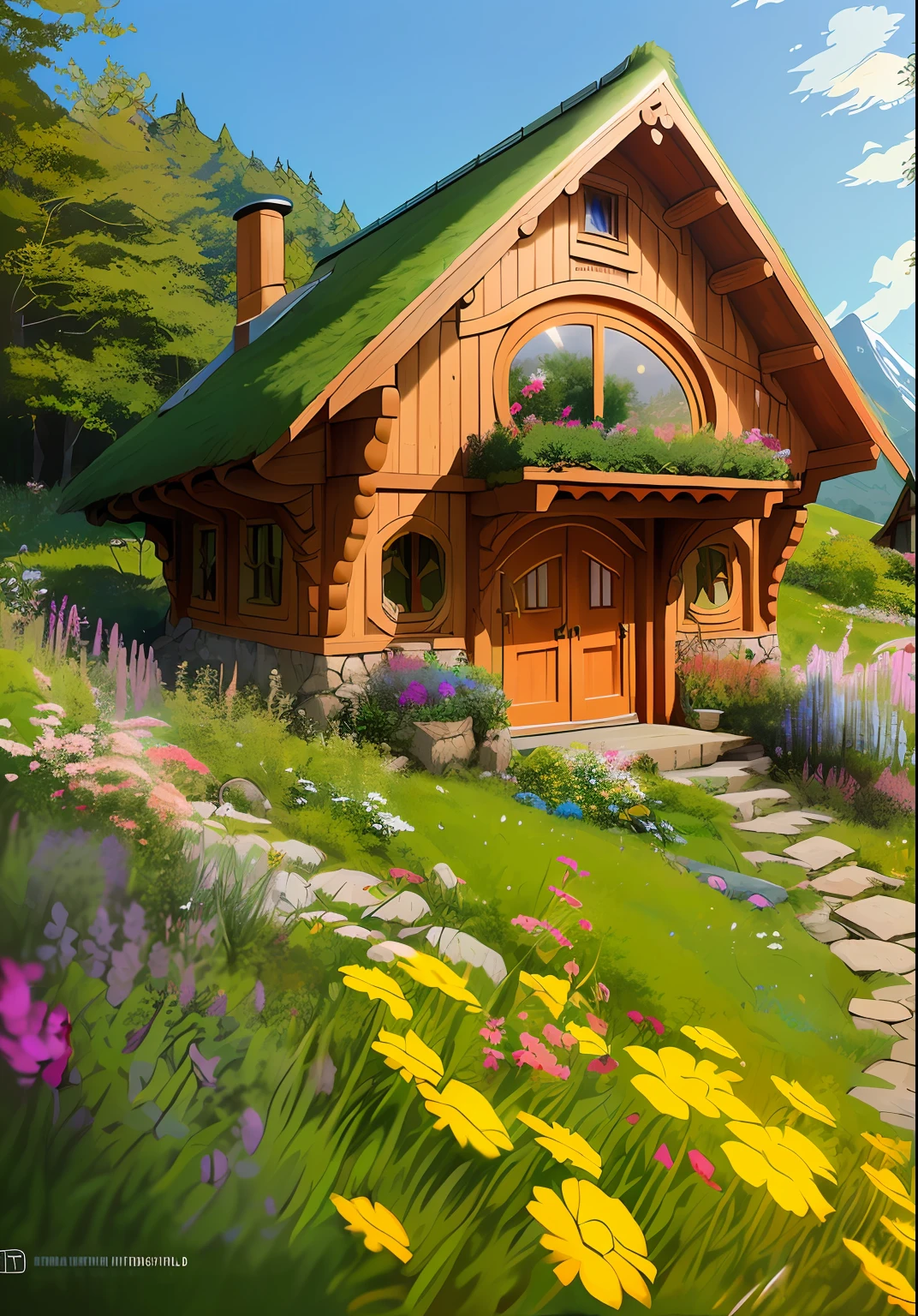 Realistic, real life, beautiful hobbit house on the hill, style of laurie greasley, studio ghibli, akira toriyama, james gilleard, genshin impact, trending pixiv fanbox, acrylic palette knife, 4k, vibrant colors, devinart, trending on artstation