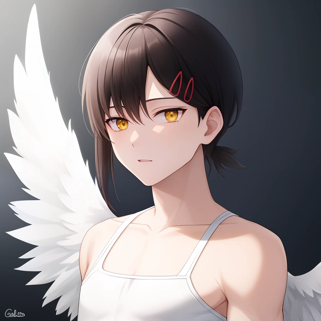 white short hair,yellow eyes,white clothes,(MALE character),adult,angel race,black wings