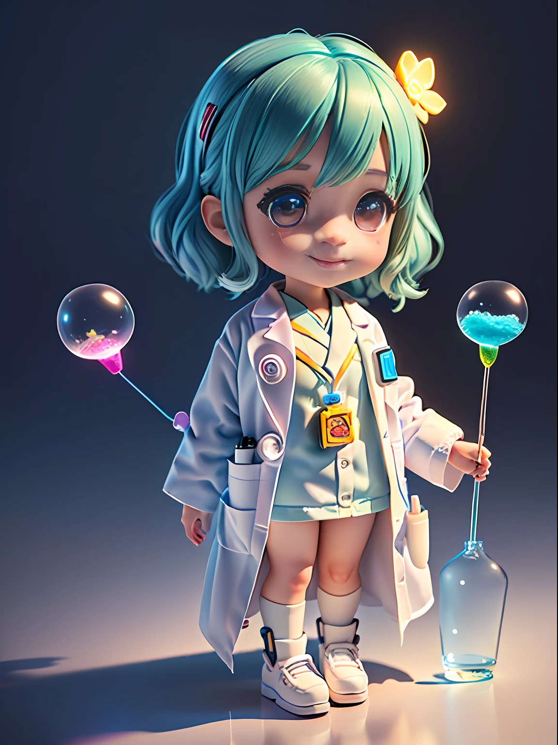 Super cute girl full body 3d drawing, 1 pc, good looking eyes, big eyes, cute, happy, c4d, pop matt blind box, glowing bubble, toy, solid color background, chibi, fluorescent translucency, luminescence, kawaii, doll, ((((scientist, white lab coat))), reference table, pop mart blind box, pixar, complex details, 3d rendering, blender, oc renderer, fol body reference sheet, dribble , High Details, 8K, Studio Lighting, Loli, Petite, Child, Chibi, SD characters: 1.1, Magic Lab background