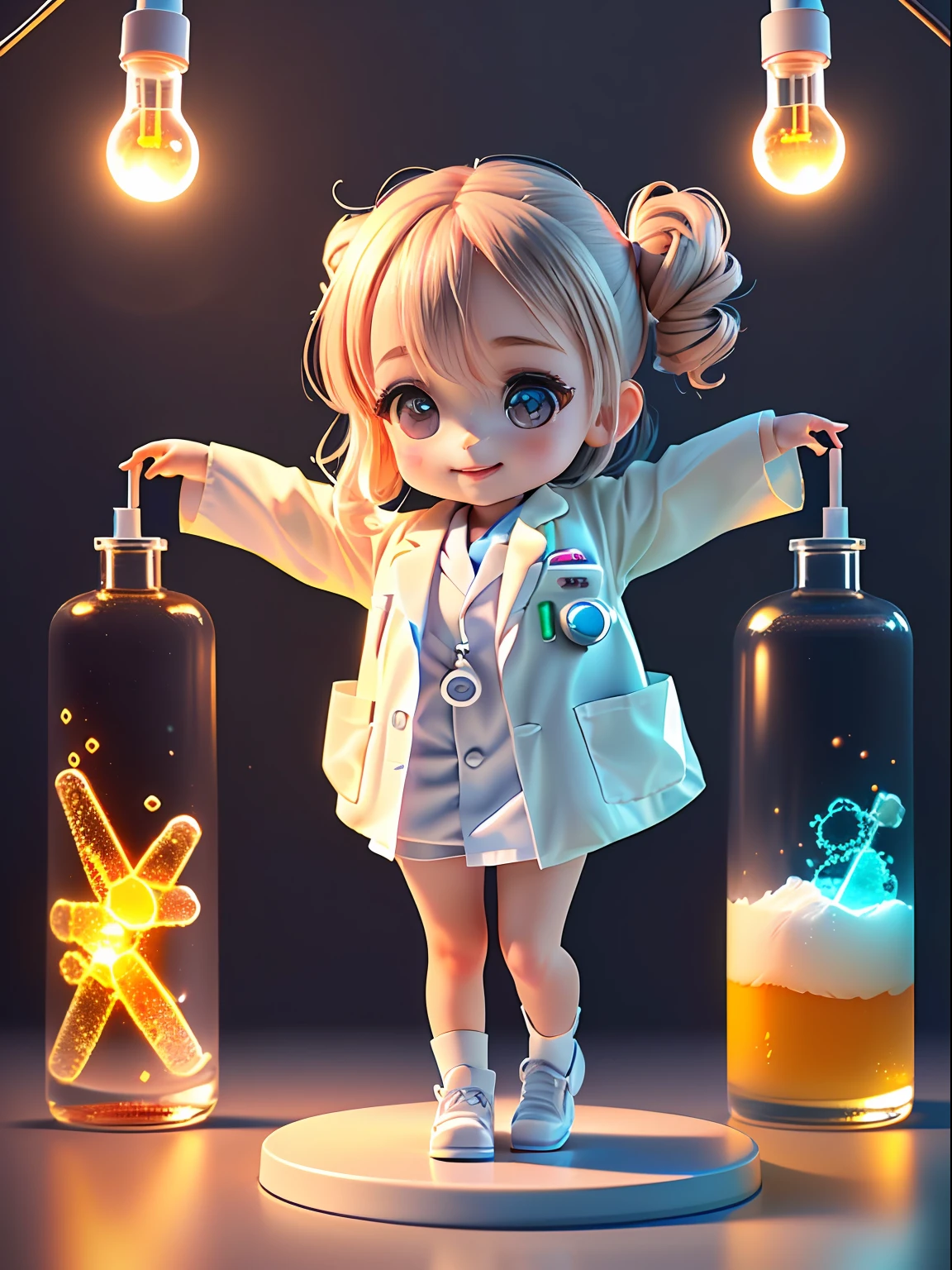 Super cute girl full body 3d drawing, 1 pc, good looking eyes, big eyes, cute, happy, c4d, pop matt blind box, glowing bubble, toy, solid color background, chibi, fluorescent translucency, luminescence, kawaii, doll, ((((scientist, white lab coat))), reference table, pop mart blind box, pixar, complex details, 3d rendering, blender, oc renderer, fol body reference sheet, dribble , High Details, 8K, Studio Lighting, Loli, Petite, , Chibi, SD characters: 1.1, Magic Lab background