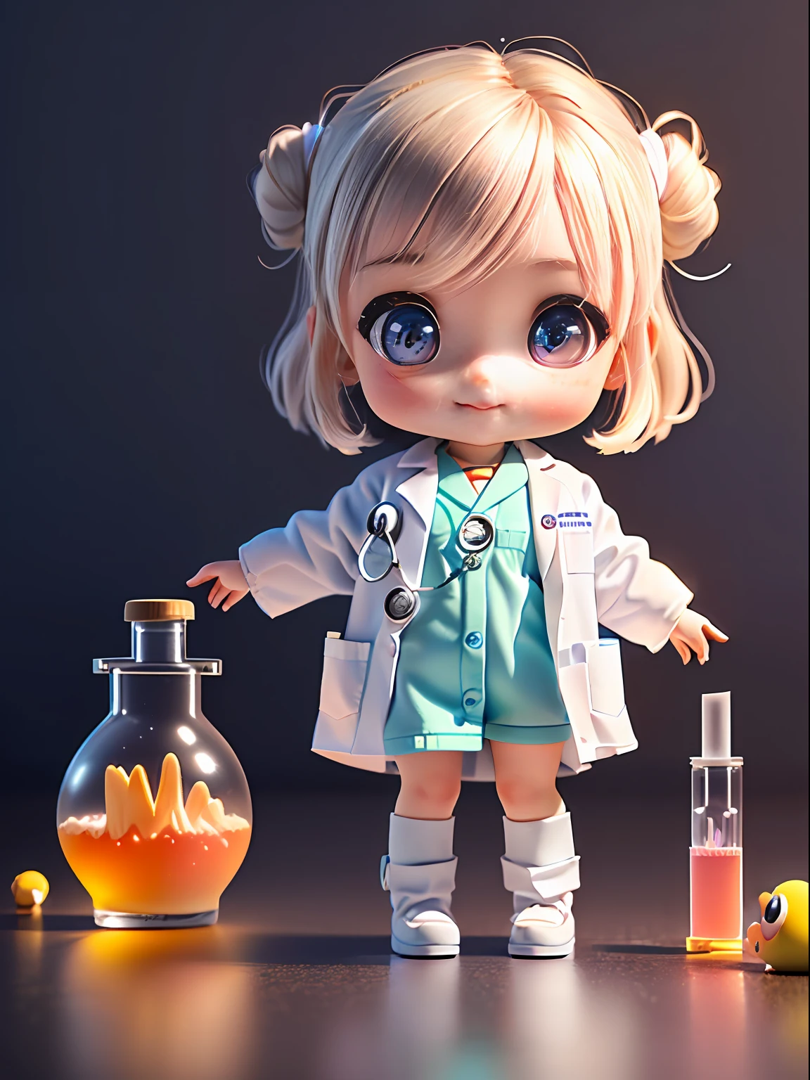 Super cute girl full body 3d drawing, 1 pc, good looking eyes, big eyes, cute, happy, c4d, pop matt blind box, glowing bubble, toy, solid color background, chibi, fluorescent translucency, luminescence, kawaii, doll, ((((scientist, white lab coat))), reference table, pop mart blind box, pixar, complex details, 3d rendering, blender, oc renderer, fol body reference sheet, dribble , High Details, 8K, Studio Lighting, Loli, Petite, Child, Chibi, SD characters: 1.1, Magic Lab background