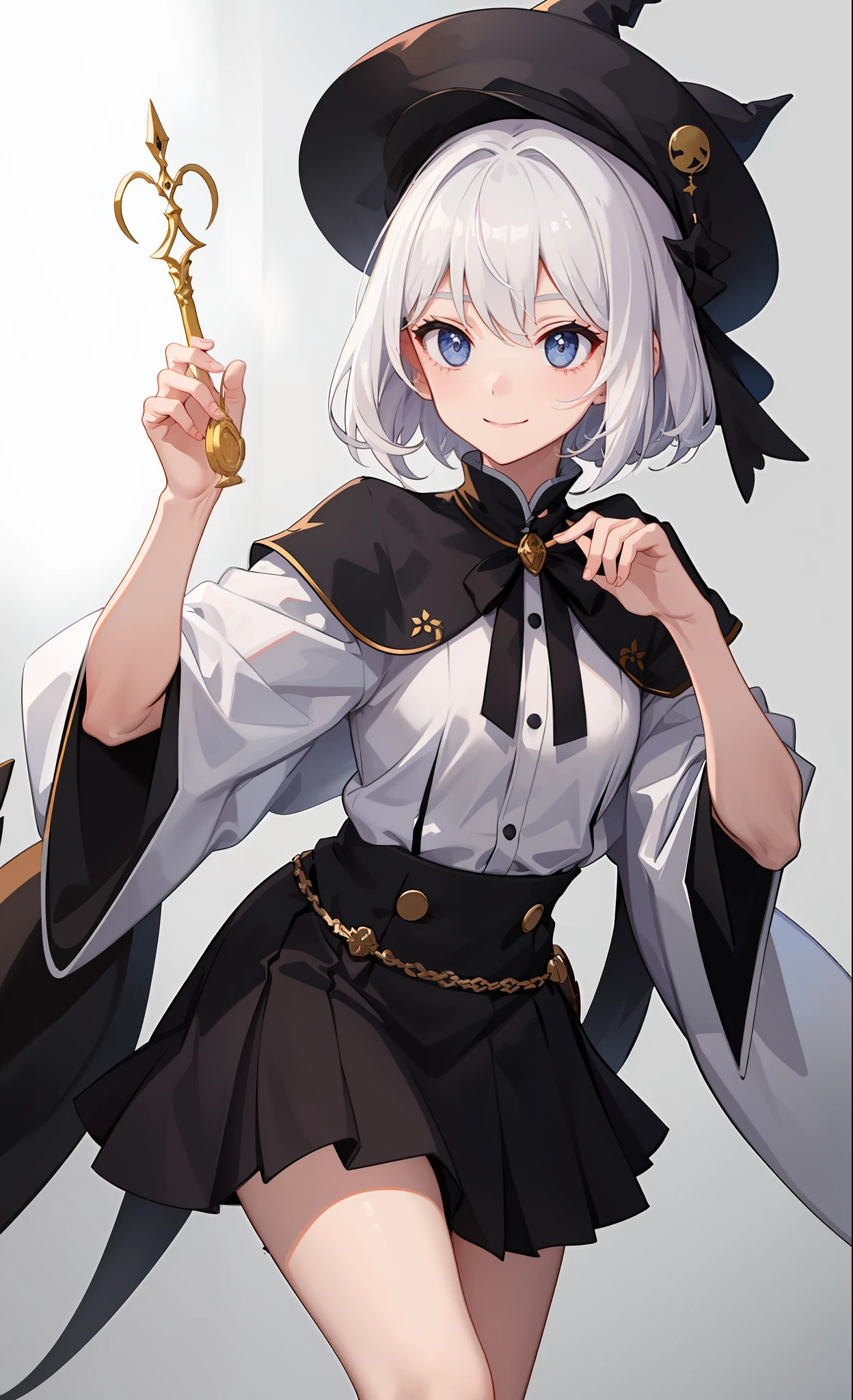 1girl in、A smile、The shirt、Blouse、skirt by the、(small tits)Chilarism、movement、Hats、cloaks、magic wands、Sorcerer、white hair、Sexy costume、