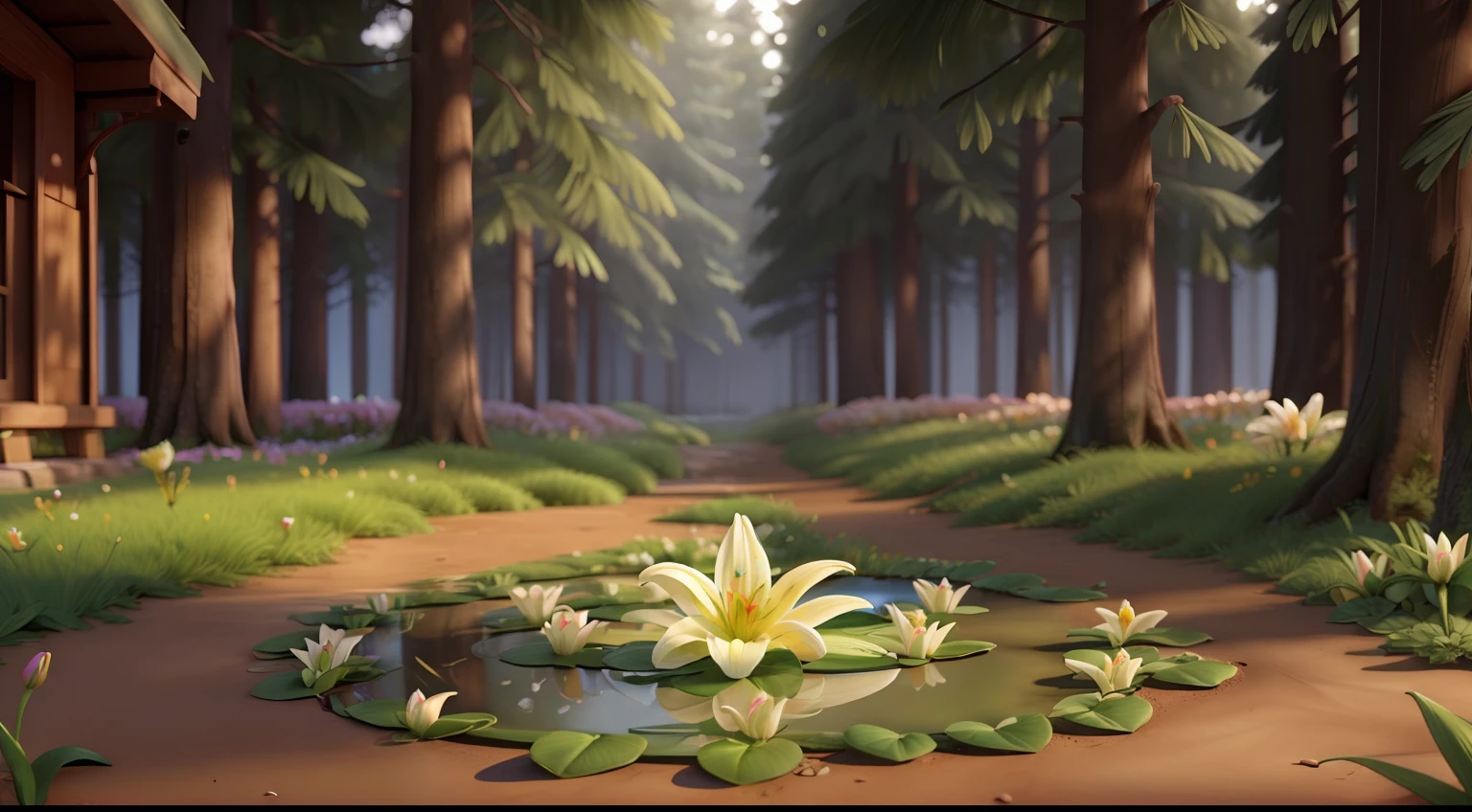 "Clear of the lilies, located in the heart of the forest. (Best quality), (masterpiece), (detailed:1.4), 3D."