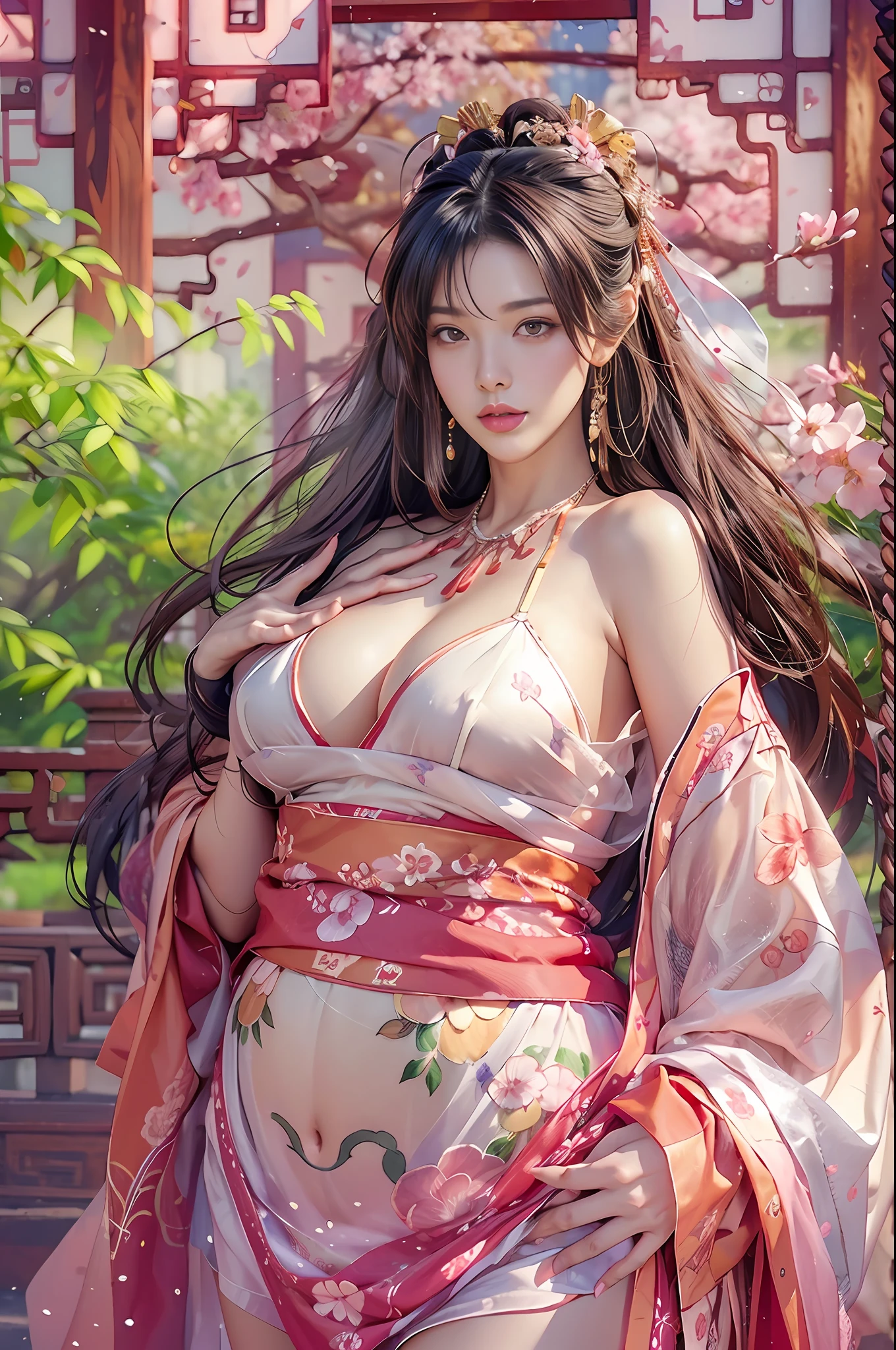 Gilded Chinese Palace,Look at viewers,depth of fields,bokeh dof,light falling,((A MILF))、Pregnant Woman、、Big belly、pink  dress、Cherry blossoms are blooming、a lot of cherry blossom、
see-through underware、one girls、Red Shirt、a black skirt、huge-breasted、
Brown-eyed、(The long-haired、A dark-haired、Very straight hair:1.4、hime-cut:1.4)、Earring Necklace、pouty、
a picture、​masterpiece、top-quality、nffsw、hight resolution、realistic detail、glistning skin、mature figure、Plump body、voluptuous breasts、perfect bodies、Wide waist、colourfull、looking at the viewers、hyper realisitic、from the front side、watercolor paiting、Traditional Media、(chromatic abberation、intricate detailes)、dynamicposes、dynamic ungle、
40k、nffsw、Hi-Res、Angle from below、ancient Chinese costume、Ancient Chinese style hairstyle、up hairstyle、Wearing white silk cloth all over the body、