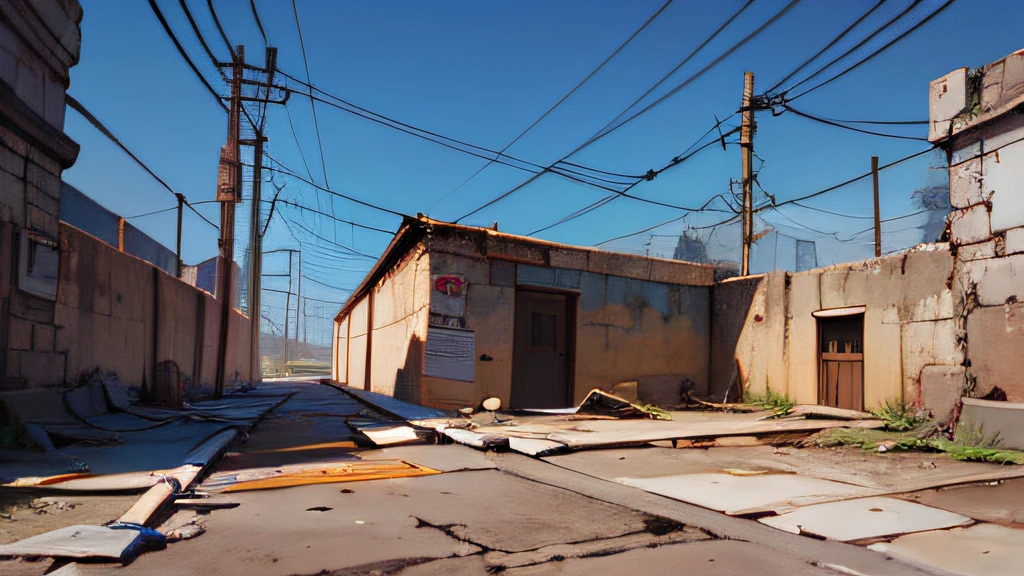 (paisaje, No hay humanos, Al aire libre, Cielo:1.2), Obra maestra, La mejor calidad, Cara hermosa, 8k, absurdos, Concreto sucio y agrietado, Signs of rusty metal, Plaza abandonada, calle, Cables, poste, Barandillas oxidadas, Empty boxes, damaged wall paint, Tambor de aceite, Ventana rota, algo de basura en el suelo, chatarra oxidada, Damaged sofa, desde abajo, perspectiva, Profundidad de campo, HDR, (bleach bypass, ginnokoshi:0.8), cinematic lighting, Pro Lighting, Sombras de paisajes muy oscuros, alto contraste, foco nítido, Altas Resoluciones, Cinematographer, Hiperrealista, Ultra detallado, Crisp Details, Detalle fino