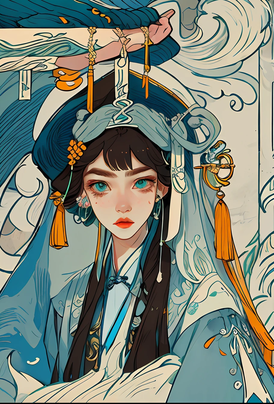 Kizi,full bodyesbian,(Face details:1.2),tmasterpiece,Fashionab,Hanfu,,mid hair,brunette color hair,dual horsetail,Qi bangs,blueneyes,