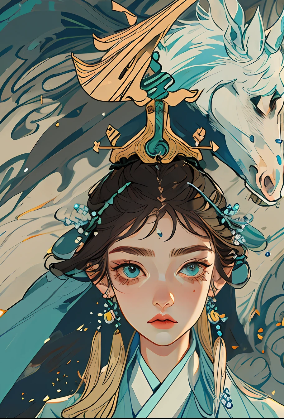 Kizi,full bodyesbian,(Face details:1.2),tmasterpiece,Fashionab,Hanfu,,mid hair,brunette color hair,dual horsetail,Qi bangs,blueneyes,