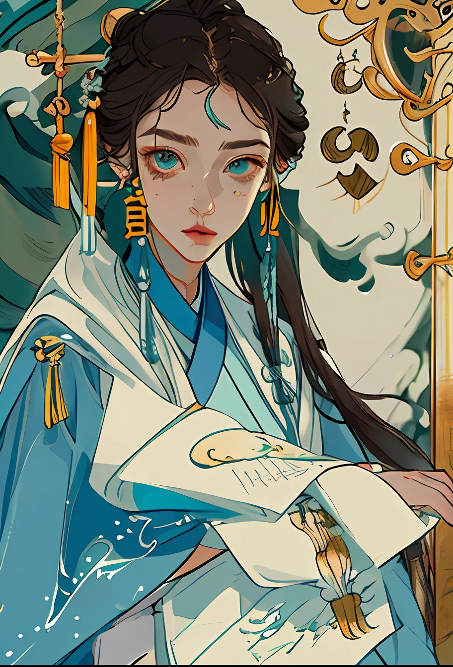 Kizi,full bodyesbian,(Face details:1.2),tmasterpiece,Fashionab,Hanfu,,mid hair,brunette color hair,dual horsetail,Qi bangs,blueneyes,