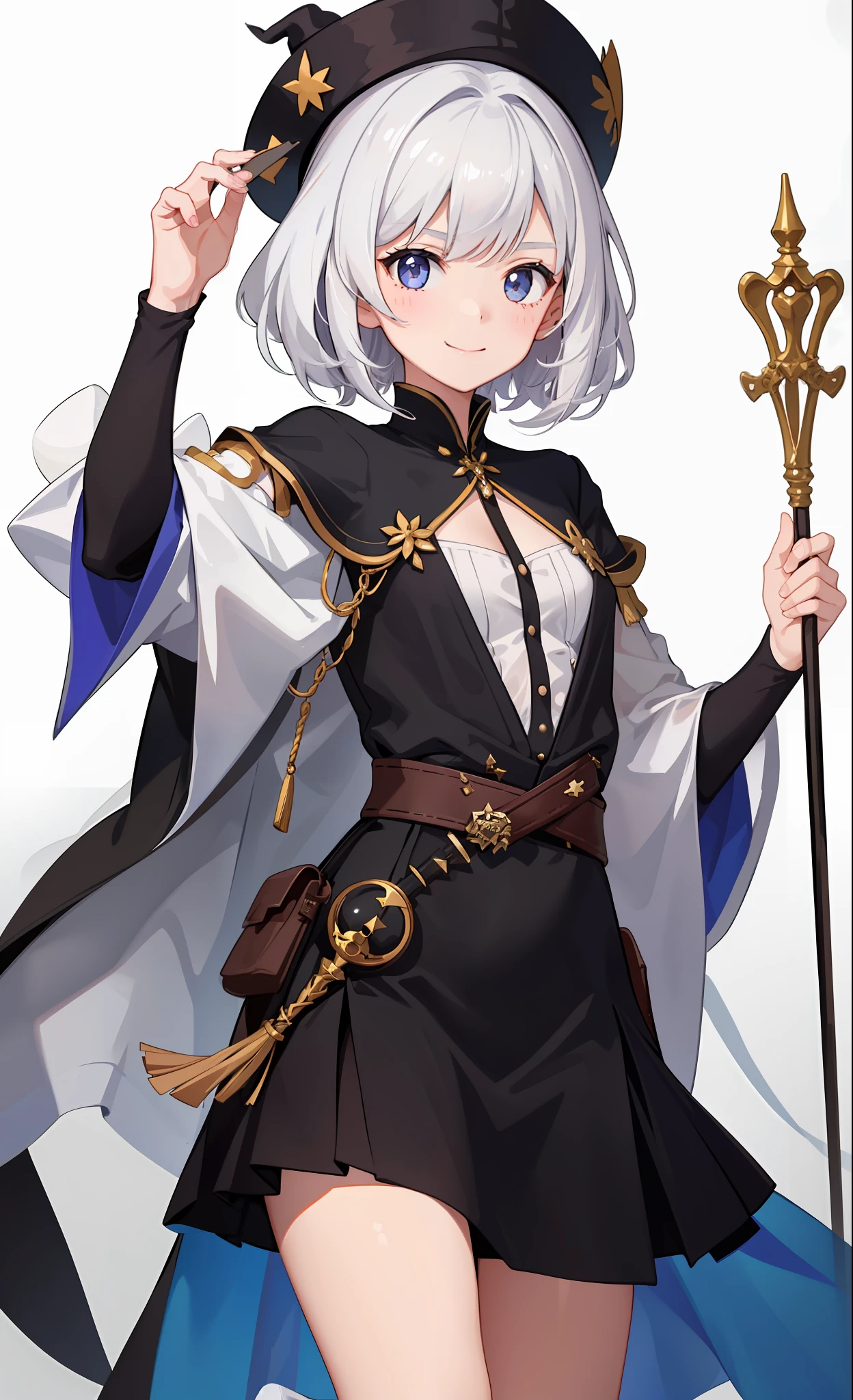 1girl in、A smile、The shirt、Blouse、skirt by the、(small tits)Chilarism、movement、Hats、cloaks、magic wands、Sorcerer、white hair、Sexy costume、
