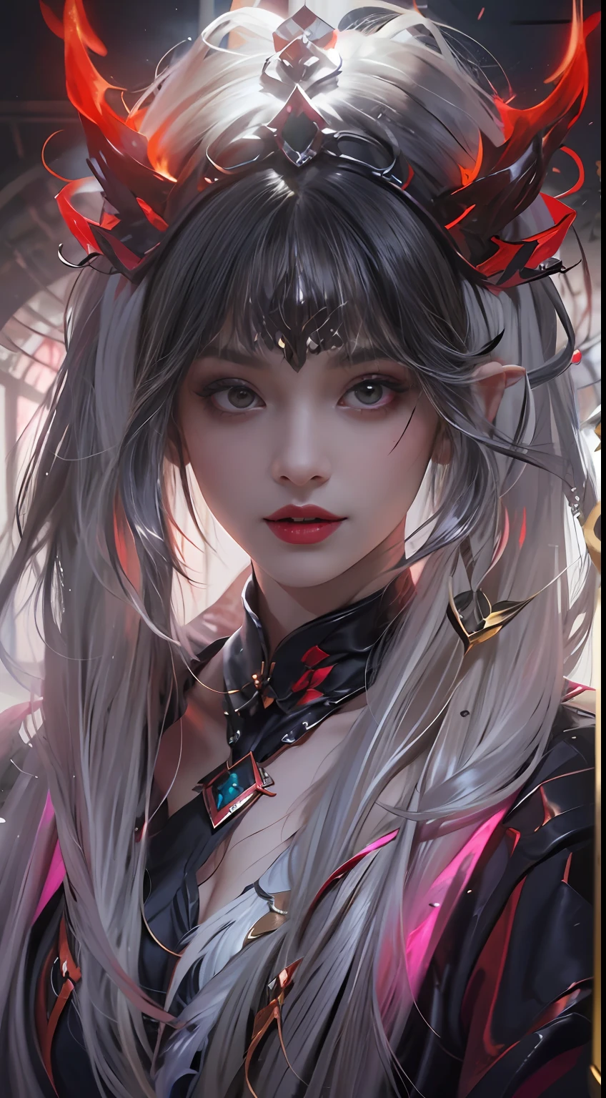1 beautiful devil woman from hell, In the Dark: 1.6), surreal female portrait by David Hockney and Alphonse Mucha, fantasy art, korea doll, photorealism, dynamic lighting, artstation, poster, volumetric lighting, very detailed faces, 8k ultra, Awarded, in the dark, deep shadow, low key, cowboy lens, (Red phoenix dress: 1.4), long hair, black hair, bust, luxurious palace, Royal style, devil crown, red eyes make up very sharp and detailed, The most beautiful face, The breasts are very big and round and round, Super realistic, chinese women's clothing, polo neck sweater, Charming smile, The eyes are very well made up, guweiz, devil style, wearing black mesh socks, Ponytail with a bow tied at the back of the hair, Red black lips, Devil tattoo on shoulder, wearing a thin red and black robe, the landscape is overcast and thunderous, (Portrait), Close-up of the main character, (Background details 1.8),