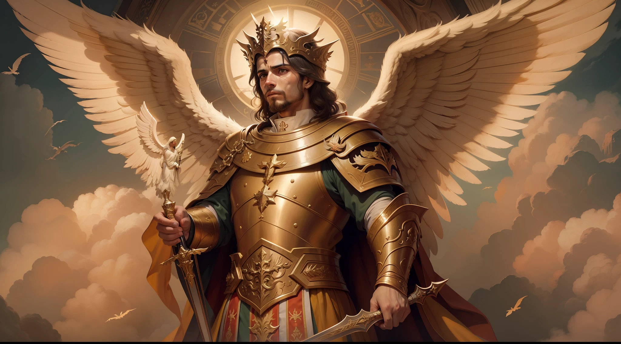 imagem de um homem com uma coroa e asas, Retrato do Imperador da Humanidade, arte fantasia behance, Anjo majestoso de corpo inteiro, arte conceitual de deus, O Deus Imperador da Humanidade, pintura de um homem, com asas de anjo, vestido com armadura, segurando uma espada e escudo, Arcanjo Miguel, saint michael the angel, arcanjo, Miguel Anjo, totalitarian socialist angel, biblical accurate angel, san miguel, cheio de pinturas de anjos, anjo biblicamente acuado, epic biblical representation, arte inspiradora, anjo guerreiro, roupas vermelhas