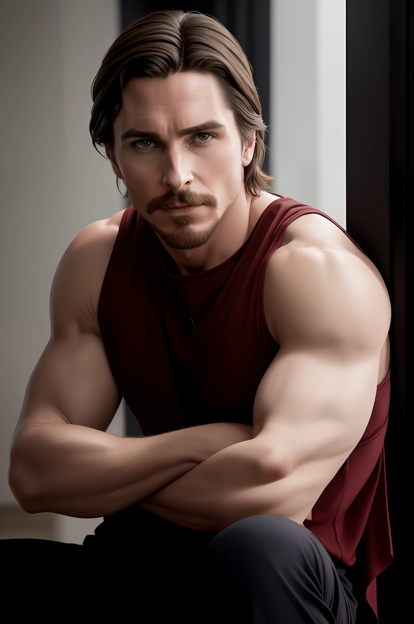 Christian Bale, apenas rosto, vermelho preto e branco, 8k, intrincado, no blur, face imponente".