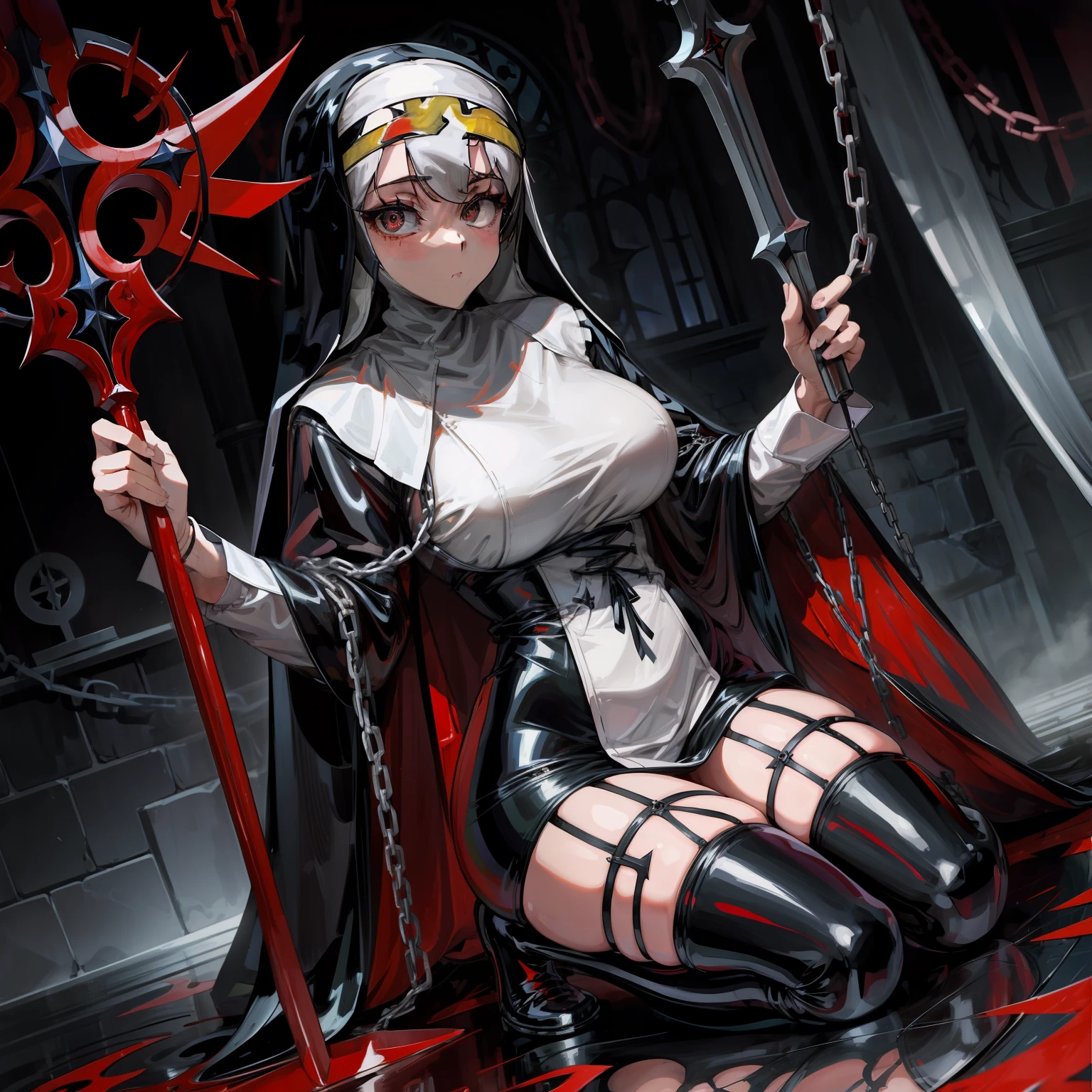 ((Sister Nun))。falda corta。Big ax in hand。Latex costumes。Chains and spines around the body。yandere。fullbody image。