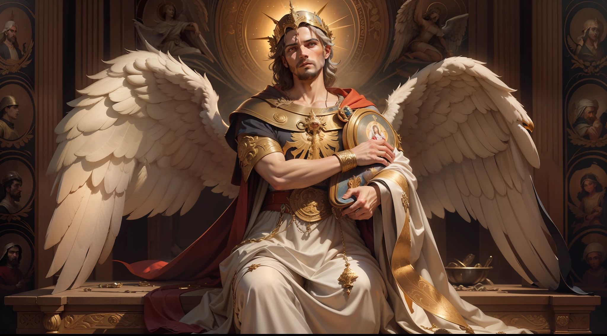 imagem de um homem com uma coroa e asas, Retrato do Imperador da Humanidade, arte fantasia behance, Anjo majestoso de corpo inteiro, arte conceitual de deus, O Deus Imperador da Humanidade, pintura de um homem, com asas de anjo, vestido com armadura, segurando uma espada e escudo, Arcanjo Miguel, saint michael the angel, arcanjo, Miguel Anjo, totalitarian socialist angel, biblical accurate angel, san miguel, cheio de pinturas de anjos, anjo biblicamente acuado, epic biblical representation, arte inspiradora, anjo guerreiro, roupas vermelhas