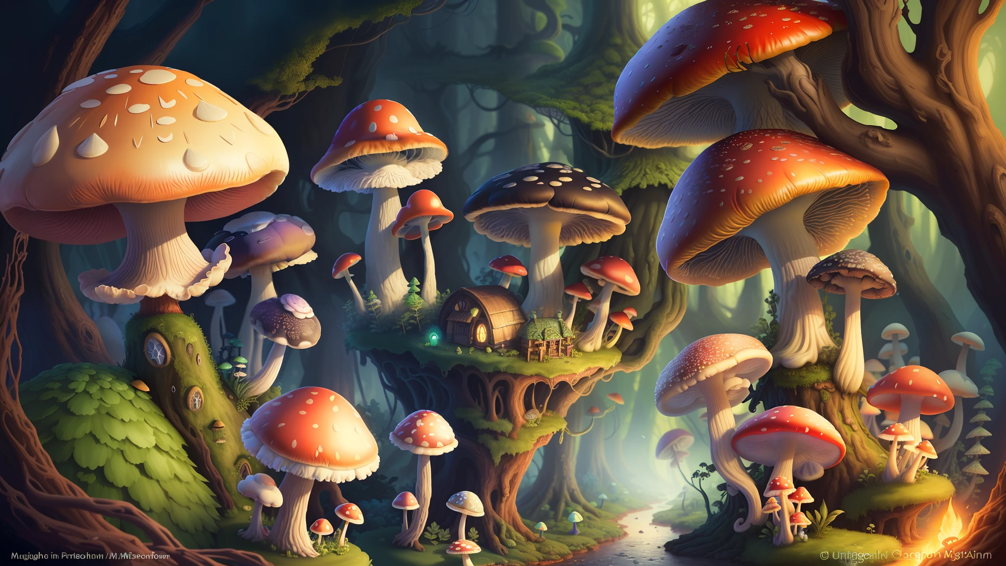 (sfv,Premium mushrooms)borgar,rete(Mushroom forest)，(the ultra-detailed)digital fantasy art,Mushrooms are everywhere，Unique mushroom shape(magical)Casa.