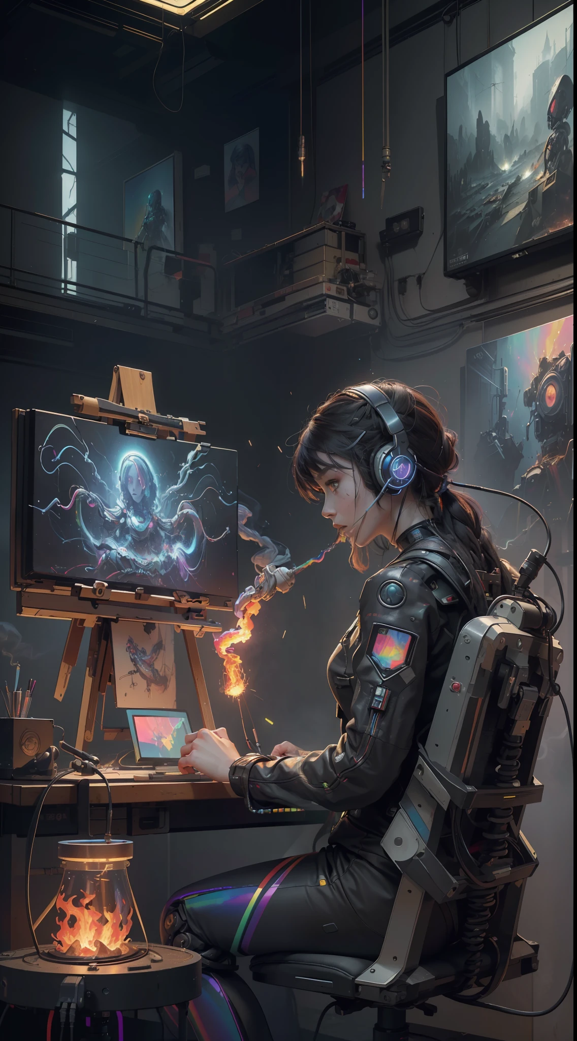 (Masterpiece, Best Quality, High Resolution, Absurd, Detailed: 1.2), Humanoid, Robot, Wearing Headphones, Looking Away, (Cyberpunk, Art Canvas, Brush, Easel, Rainbow Colors, Holographic: 1.6), Male, (Cable, Wire, Flame, Fire, Smoke, Overheating, Explosion, Indoor, Room, Simple Background)