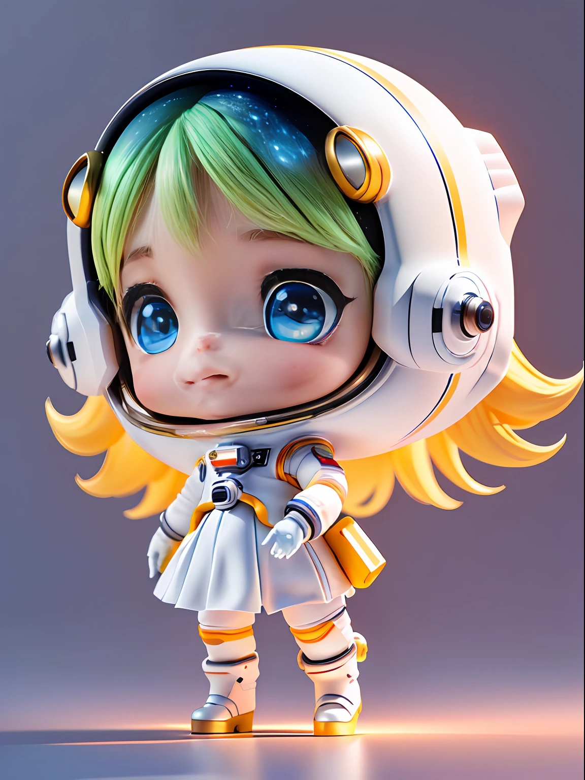 Super bonito menina desenho 3D de corpo inteiro, 1pc, olhos bonitos, olhos grandes, fofo, Feliz, c4d, pop matt caixa cega, Bolhas brilhantes, Brinquedos, solid color backdrop, Chibi, fluorescent translucency, corpo luminoso, kawaii, boneca, (((astronauta, traje espacial branco)))), refer ence sheet, caixa cega pop mart, Pixar, detalhes intrincados, 3D rendering, Liquidificador, Renderizador OC, fol reference body sheet, babar, Detalhes altos, 8k, studio lighting, Loli, pequeno, Child, Chibi, standard definition characters: 1.1, magic space background, voador, Levitando, cabelos pretos, delicate and delicate hands, delicate hands, delicate hands, graceful hands, red flag armbands