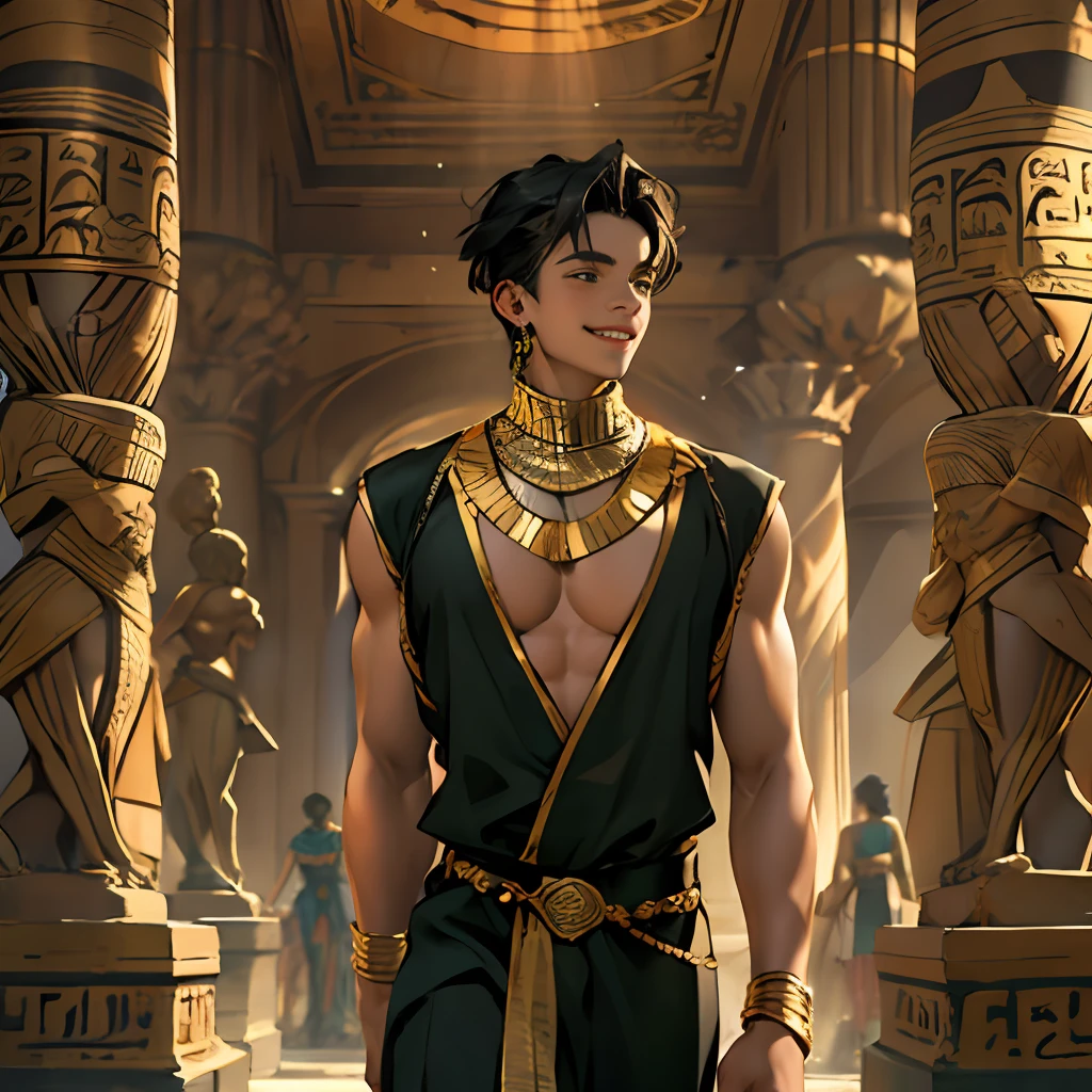 -yeld boalks smiling through the palaces of ancient Egypt black hair brown skin green eyes elegant black clothes with gold with bare chest wears red gold jewelry