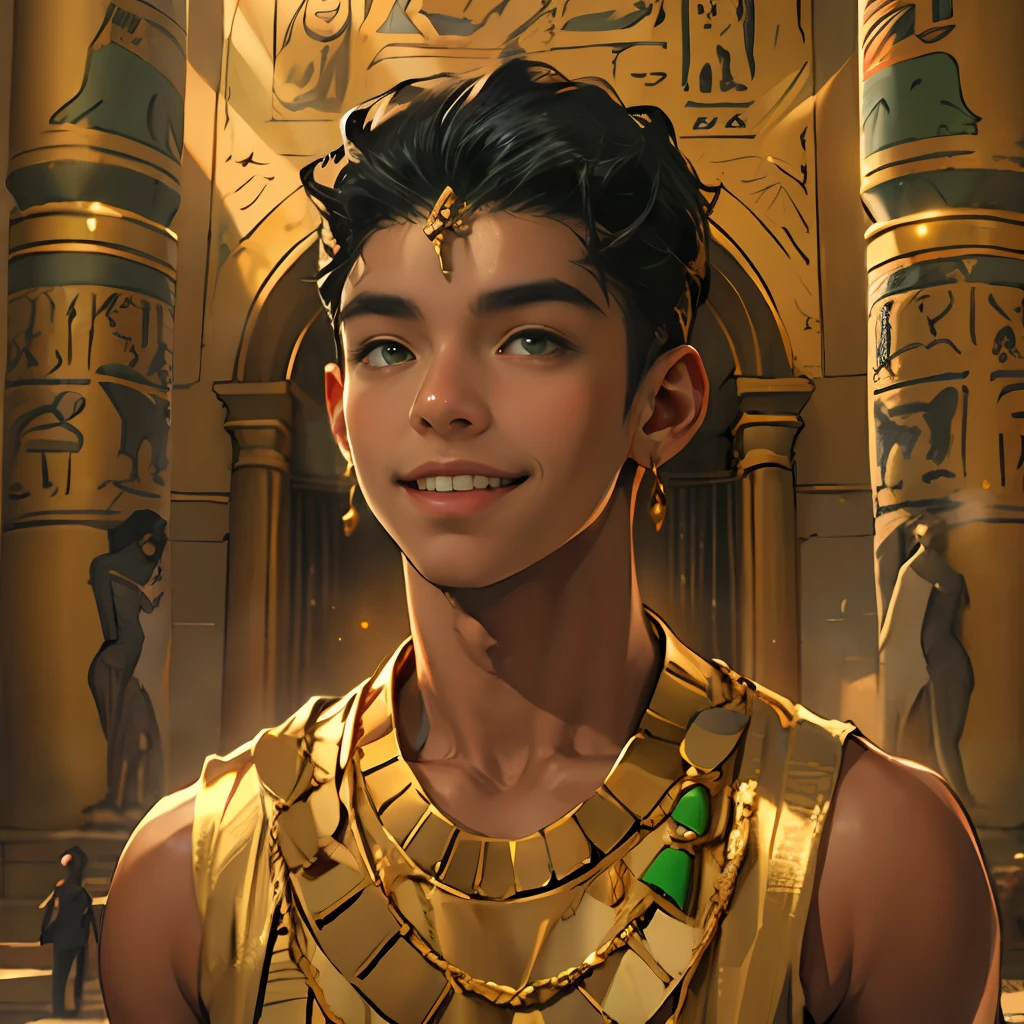 -yeld boalks smiling through the palaces of ancient Egypt black hair brown skin green eyes elegant black clothes with gold with bare chest wears red gold jewelry