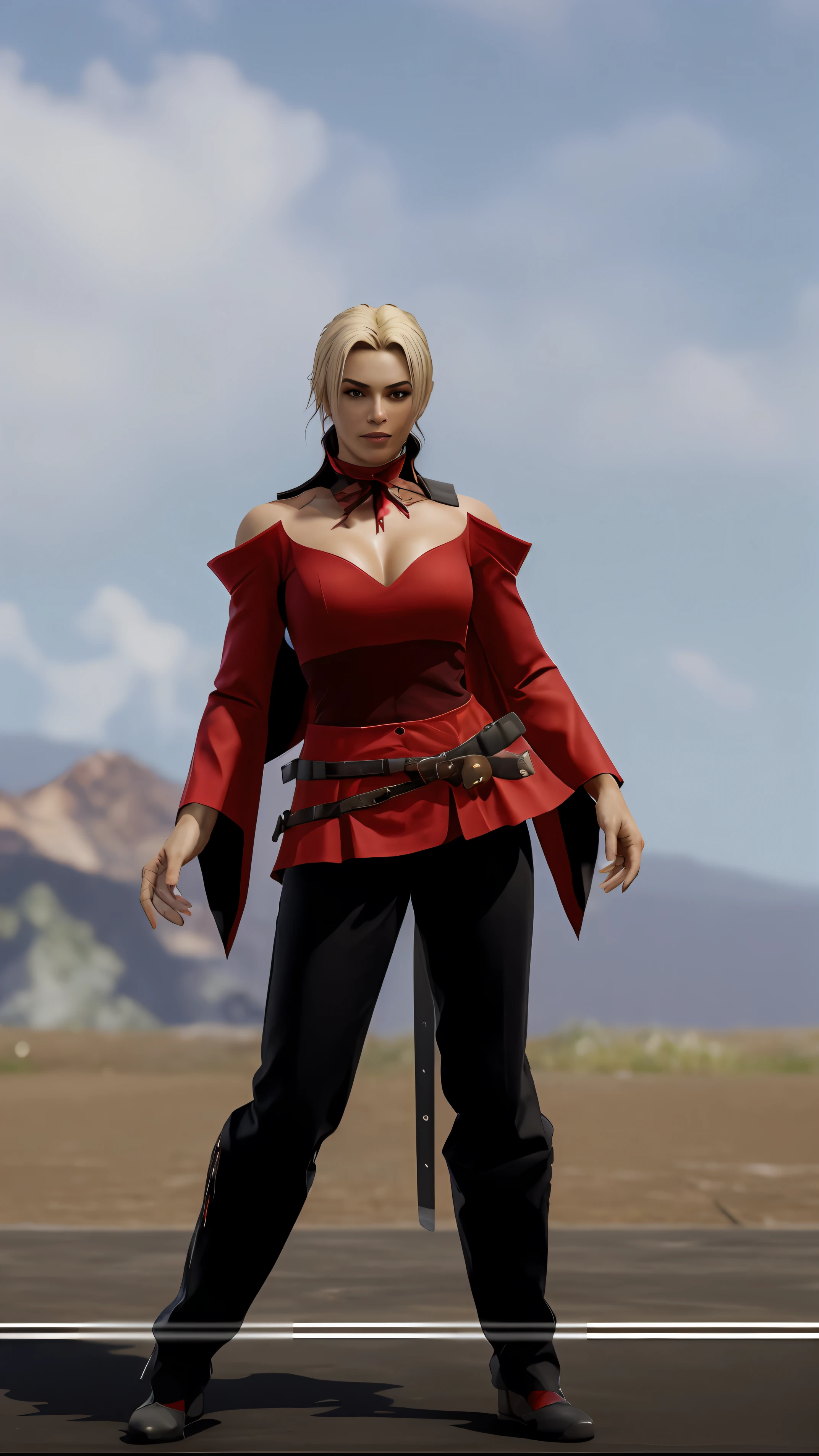 a close up of a woman in a red top and black pants, como personagem em tekken, personagem de jogo de luta, vestindo manto vermelho cultista, uniforme vermelho, guilty gear strive graphics, Personagem de King of Fighters, traje carmesim, Personagem de videogame Katana Zero, mortos ou vivos 6, Xianxia de corpo inteiro, vestindo vestes de feiticeiro vermelho, olhos vermelhos, olhos bem feitos, maquiagem forte, batom vermelho, cabelo loiro bonito, penteado rabo de cavalo, cabelo longo preso, 4K, pele realista, ultra-detailed, tecido realista, texturas realistas, textura HD, textura vermelha ultra realista, textura de pele ultrarrealista