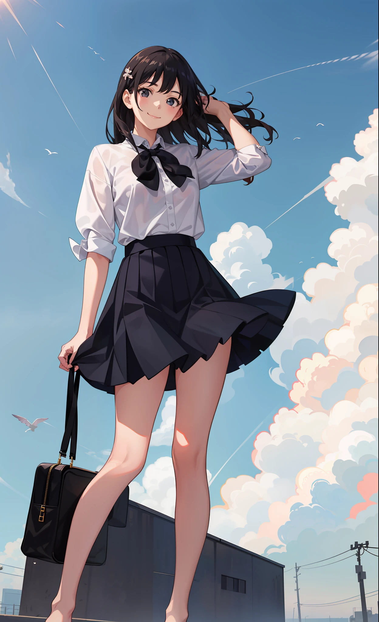 1girl in、A smile、The shirt、Blouse、skirt by the、（small tits）Chilarism、movement、the wind、