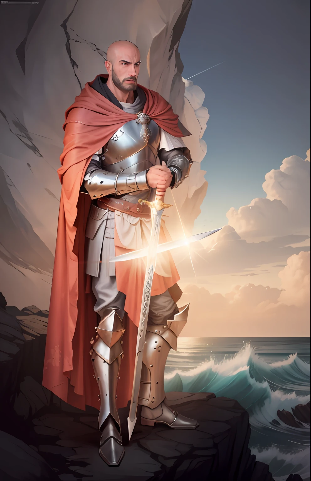 Bald man in armor standing on a rocky beach with a sword, full portrait of magical knight, Paladino masculino, Arsen Lupin como um paladino, paladino fantasia, Directed by: Roman Bezpalkiv, inspirado em Roman Bezpalkiv, cavaleiro medieval cruzado sagrado, Epic Fantasy Digital Art Style, segurando uma espada colossal, Directed by: Alexander Kucharsky