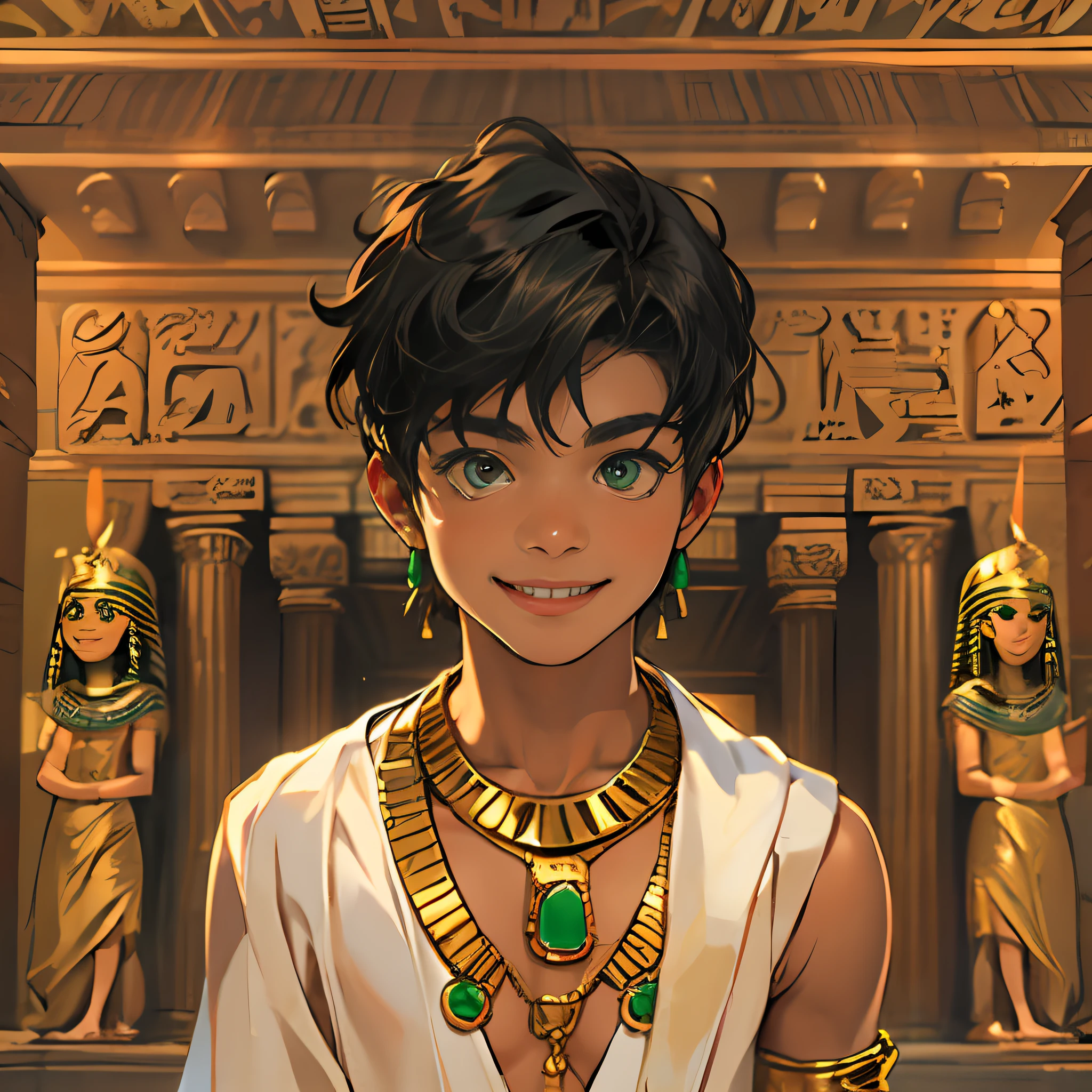 15-year-old boy walks smiling through the palaces of ancient Egypt black hair brown skin green eyes elegant black clothes with gold with bare chest wears red gold jewelry