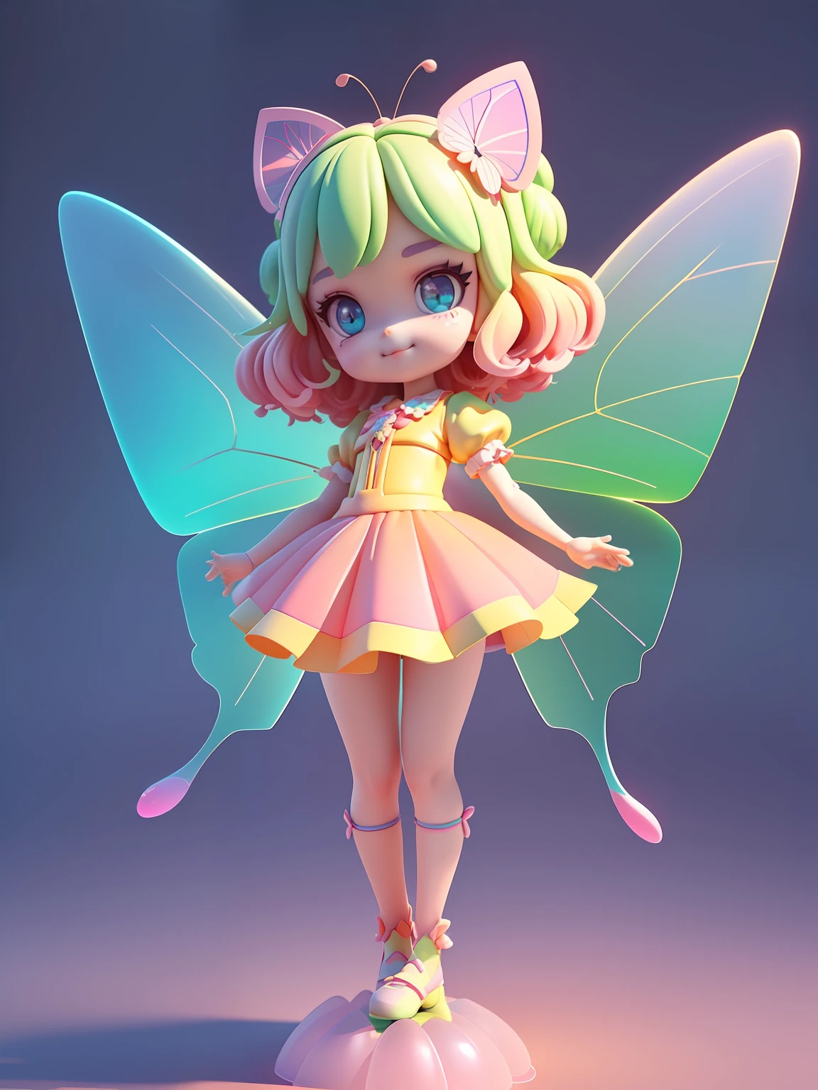 Detailed plastic material, (same character, front, side, back)) best quality, (very detailed model), (best quality), octane rendering, ray tracing, very detailed, 3D toy, exaggerated giant hair, girl (full body) (3D hair, cute hair accessories, ((kids)), beautiful eyes, cute big eyes, cute face, pink green gradient, drum skirt, cute skirt, chib, fluorescent translucent, colorful, plastic, children, transparent, product design, glowing jelly, Delicate and cute plastic, beautiful light and shadow 3D, digital art, translucent plastic bubblegum, close-up, 3D, super detailed, generate front view, side view, rear view three views, borderless, c4d, Octane rendering, Blender, HD, full body, simple background! Butterfly wings) (((body symmetrical left and right))) (smile) (full body portrait) (skirt to knee) (butterfly fairy) (fly up) (a girl) (face light) (skirt to knee) (skirt to knee) (skirt covers thighs) (and detailed details) (masterpiece) (stand up straight) (beautiful butterfly wings) (translucent) (glow)