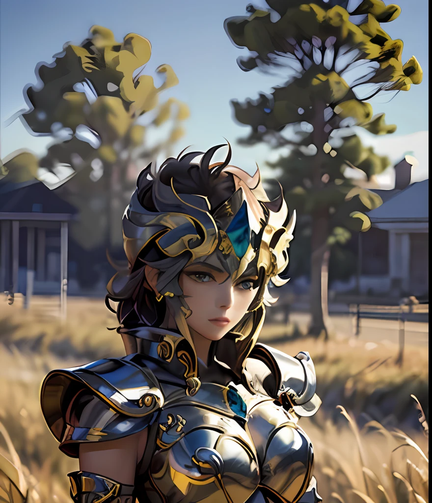 (obra-prima), (melhor qualidade), (1girl), menina em armadura dourada, pose legal, fundo do campo de batalha, fundo de fogo, armadura de saint seiya, hair messy, cor do cabalo ruivo