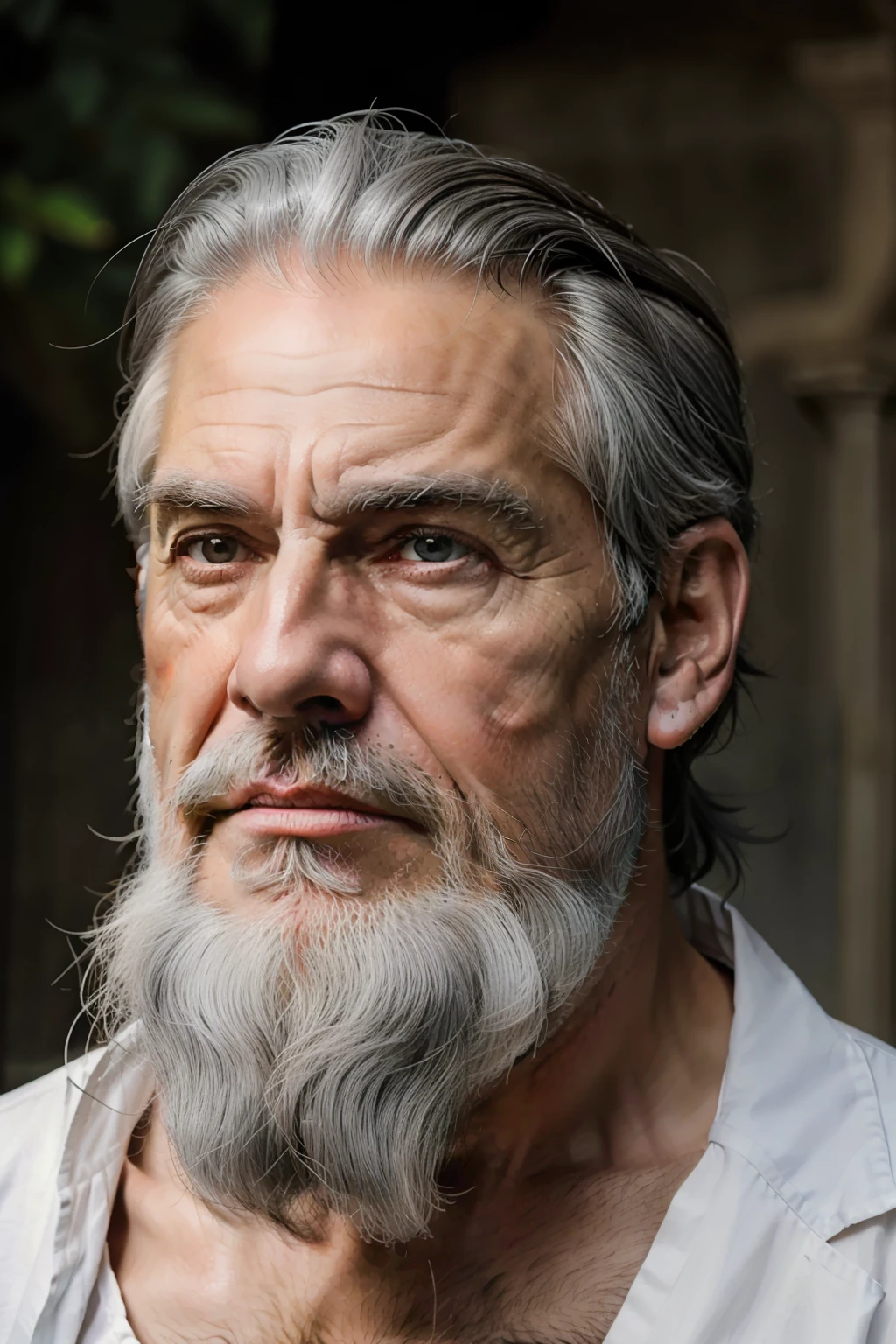 Wise old man with white beard and gray hair, Vista lateral fechar, pensive expression, Ancient Greek and philosophical aspect, serious and austere physiognomy