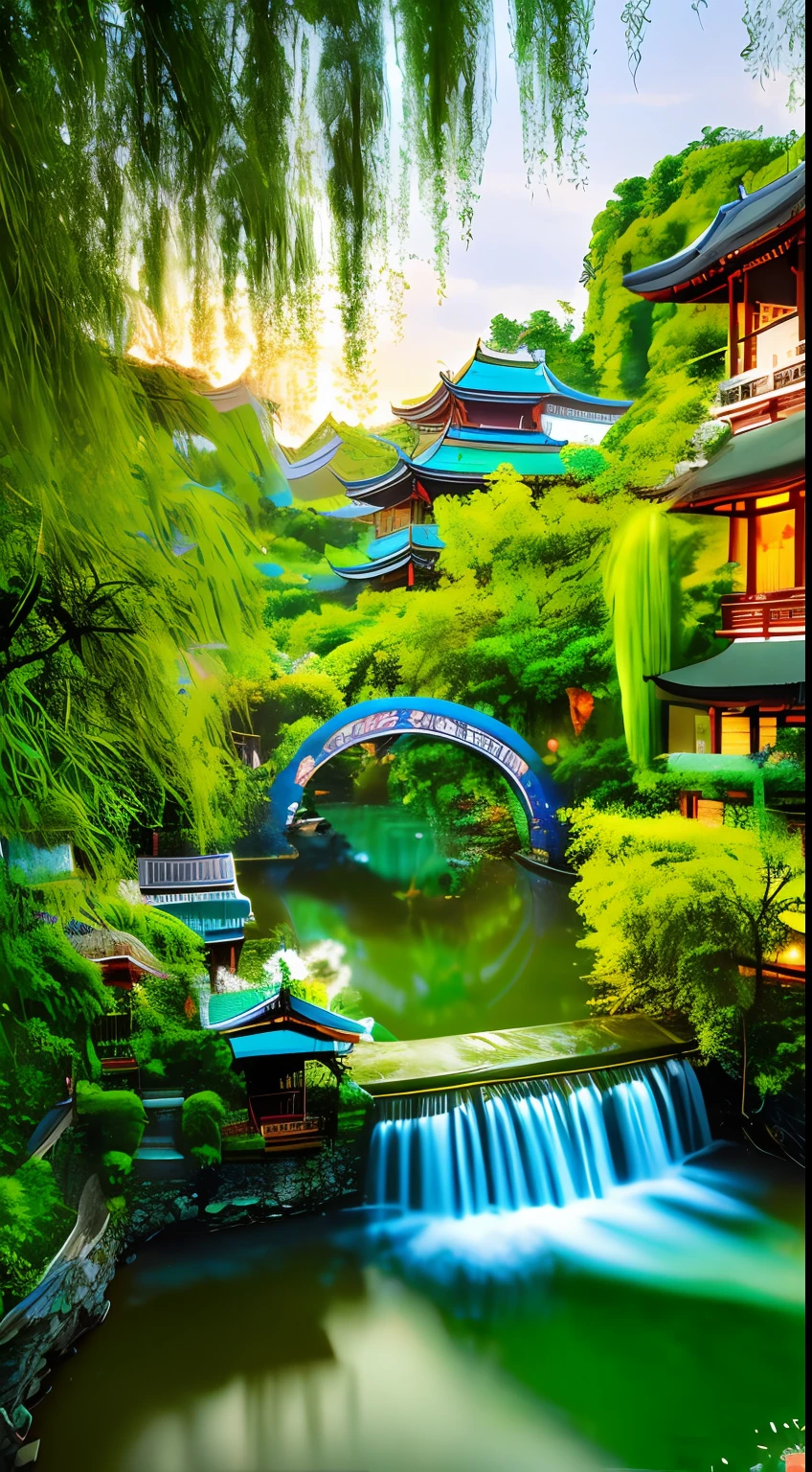 At dusk, green trees, willows flying, surrounded by blue water, small bridges and flowing water, antique color, floral fragrance, warm as jade, birds singing and flowers, water town paintings, leisurely, real photography, 16K resolution