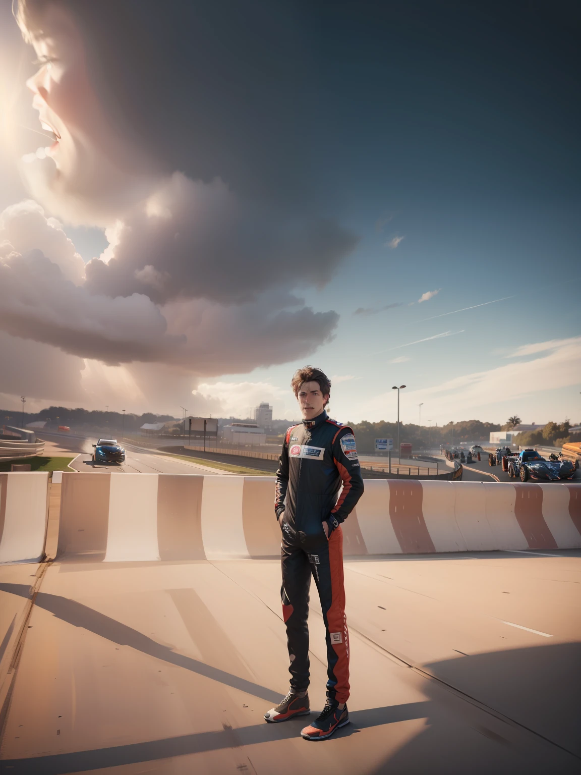Change background, racing cars, realistic face, high quality, 8k ultra realistic