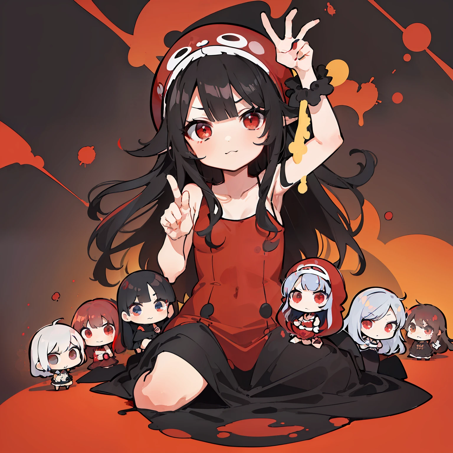 masterpiece、hightquality、vivd colour、(((Chibi Chara、Long Black Hair、Red One Piece Dress、red eyes、1 persons)))、((splatters))