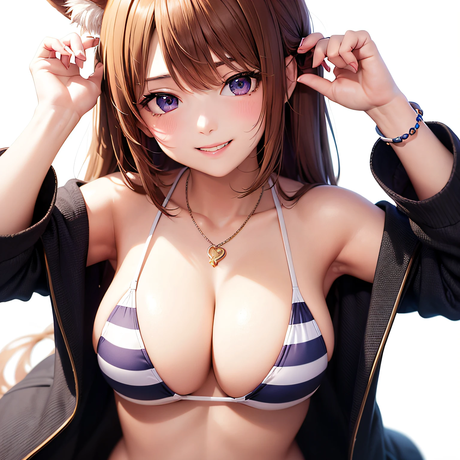 (masterpiece, best quality, beautiful anime art:1.4), 1girl, (white background:1.7), solo, purple eyes, looking at viewer, breasts, long hair, bare shoulders, collarbone, jewelry, animal ears, bracelet, smile, cleavage, striped bikini, official alternate costume, animal ear fluff, swimsuit, bangs, grin, striped, vertical-striped bikini, bikini, blush, large breasts, off shoulder, jacket, hair ornament, upper body, eyebrows visible through hair, cinematic light