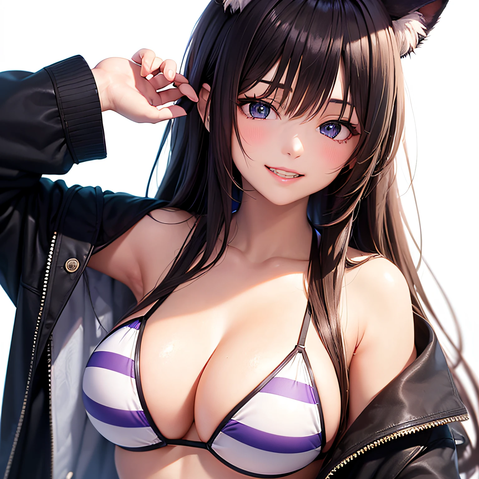 (masterpiece, best quality, beautiful anime art:1.4), 1girl, (white background:1.7), solo, purple eyes, looking at viewer, breasts, long hair, bare shoulders, collarbone, jewelry, animal ears, bracelet, smile, cleavage, striped bikini, official alternate costume, animal ear fluff, swimsuit, bangs, grin, striped, vertical-striped bikini, bikini, blush, large breasts, off shoulder, jacket, hair ornament, upper body, eyebrows visible through hair, cinematic light