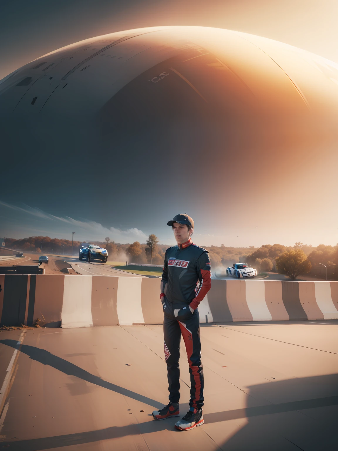 Change background, racing cars, realistic face, high quality, 8k ultra realistic