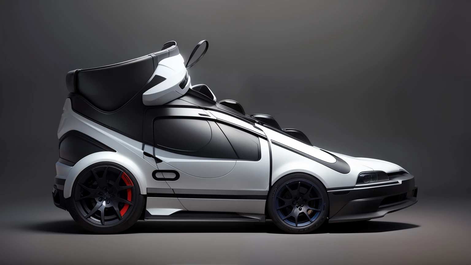 Create an illustration of a car in the shape of a Nike high-top sneaker, commonly known as a "tenis botinha." The design should be creative and playful, combining elements of a classic car with the distinctive look of a Nike shoe.

The car's body will resemble the silhouette of a high-top sneaker, with the front representing the toe cap and the back representing the shoe's heel. The headlights and taillights could be designed to resemble the shoelace eyelets, adding a fun touch to the overall look.

The wheels will be integrated seamlessly into the design, resembling the sole of the shoe. The tires can be styled to resemble the tread pattern of a sneaker sole, further enhancing the sneaker-inspired design.

The car's roof will be shaped like the ankle collar of a high-top shoe, and the side mirrors can take the form of miniature shoe tongues, adding to the whimsical design.

For added authenticity, the car's paint job can feature the iconic Nike swoosh logo and other classic Nike branding elements, giving it an unmistakable sporty look.

The interior of the car can be designed with sporty and comfortable features, akin to the experience of wearing a Nike sneaker.

The final artwork should be detailed, with attention to hyperrealistic elements to bring this imaginative car design to life. The illustration can be created in 8K UHD resolution to showcase the fine details of the unique Nike high-top sneaker car. Viewers will be amazed by the creative blend of automotive and footwear design, turning heads and capturing the essence of a true automobile masterpiece.