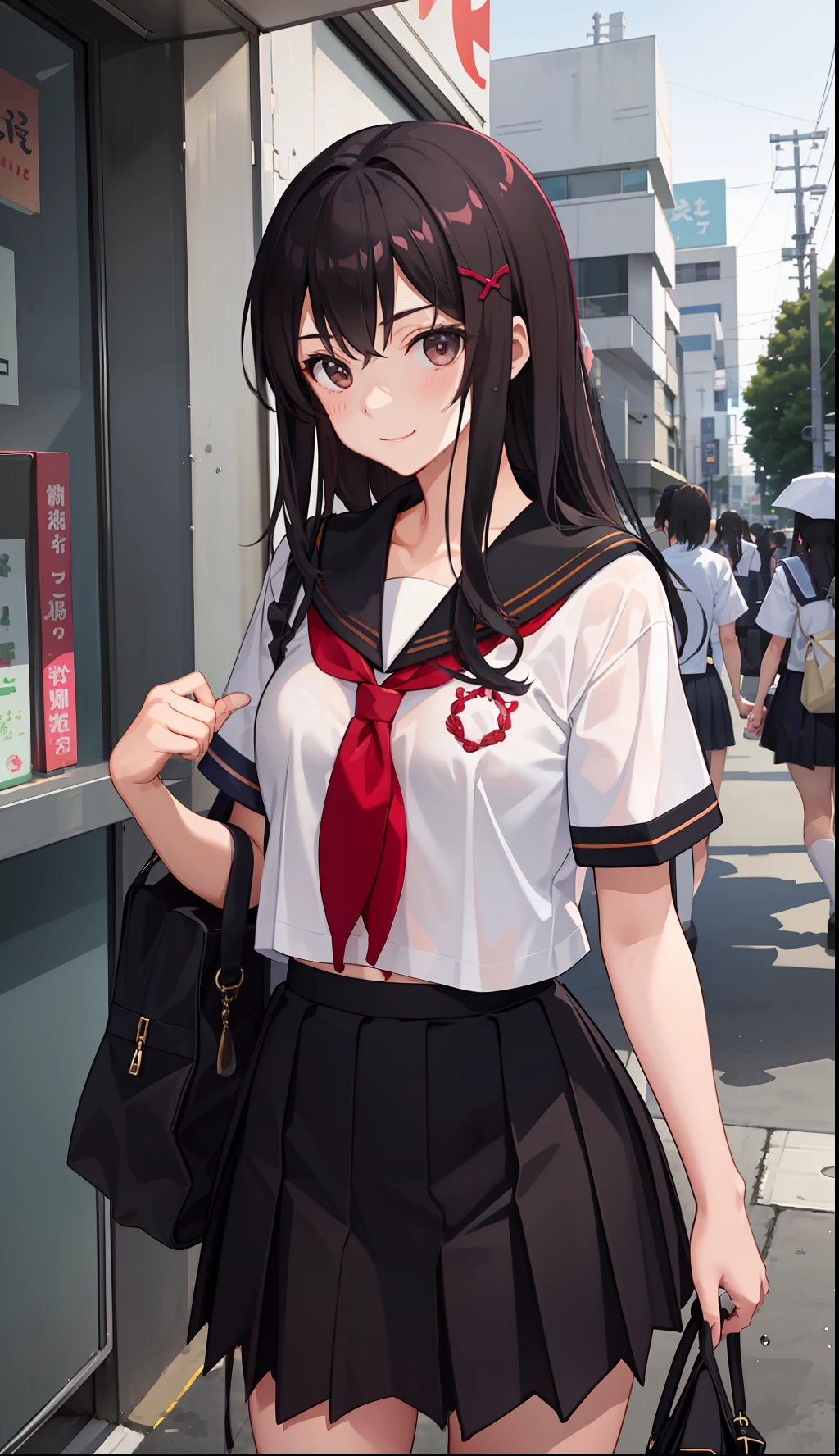 1girl in、A smile、The shirt、skirt by the、(small tits)Chilarism、Japan High School Student Uniform、serafuku、summer clothing、Squall Drenched Uniform、(Sheer Bra)、Upper body portrait、