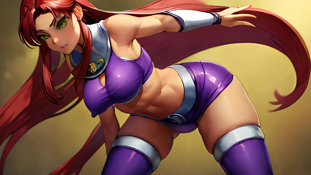 masterpiece, best quality, highres, sf1, (ripped clothes:1.1), perky , midriff, purple skirt, crop top, purple thighhighs, bare shoulders, medium breasts, belt, cowboy shot, leaning forward,