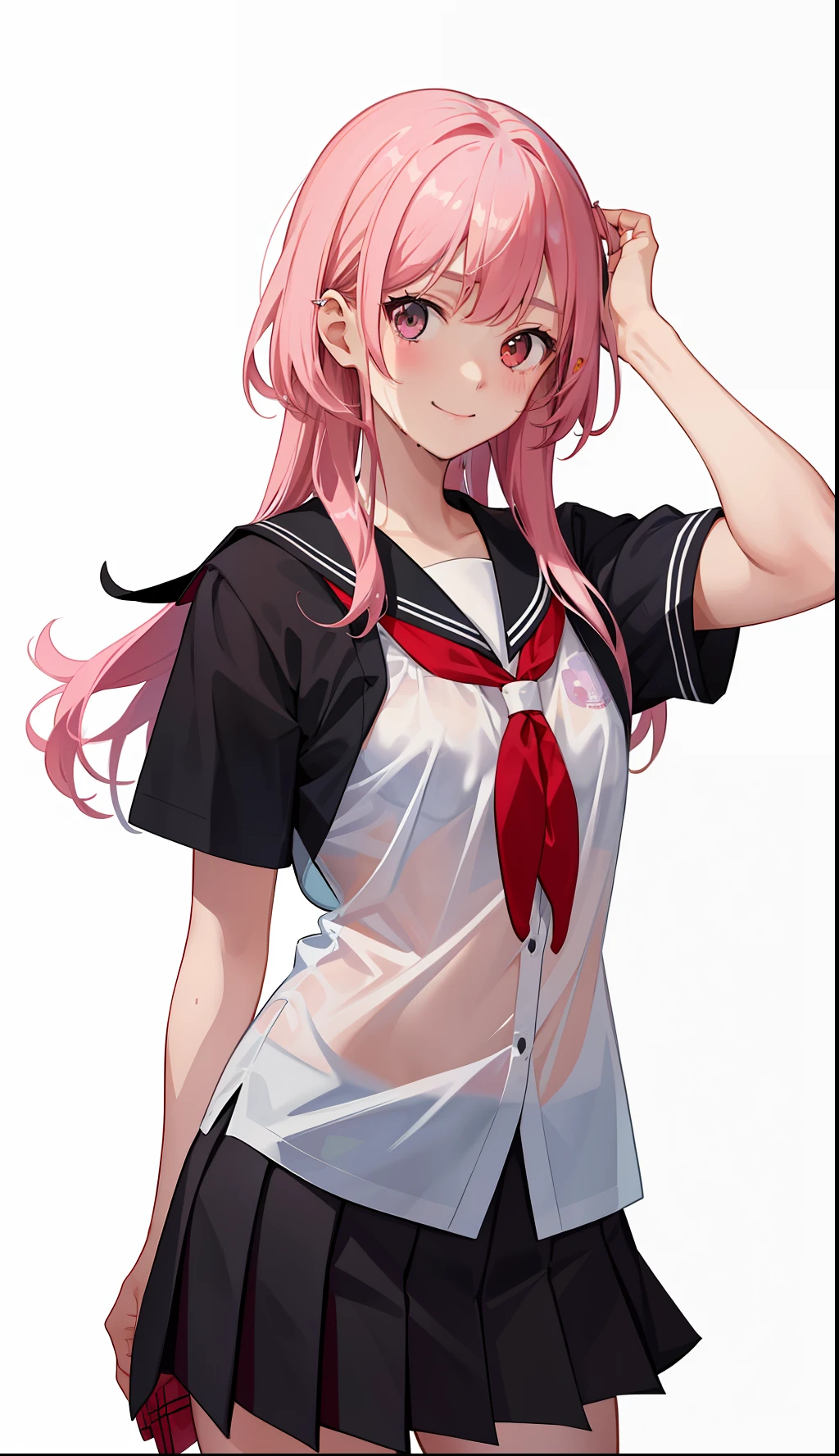 1girl in、A smile、The shirt、skirt by the、(small tits)Chilarism、Japan High School Student Uniform、serafuku、summer clothing、Squall Drenched Uniform、(Sheer Bra)、Upper body portrait、